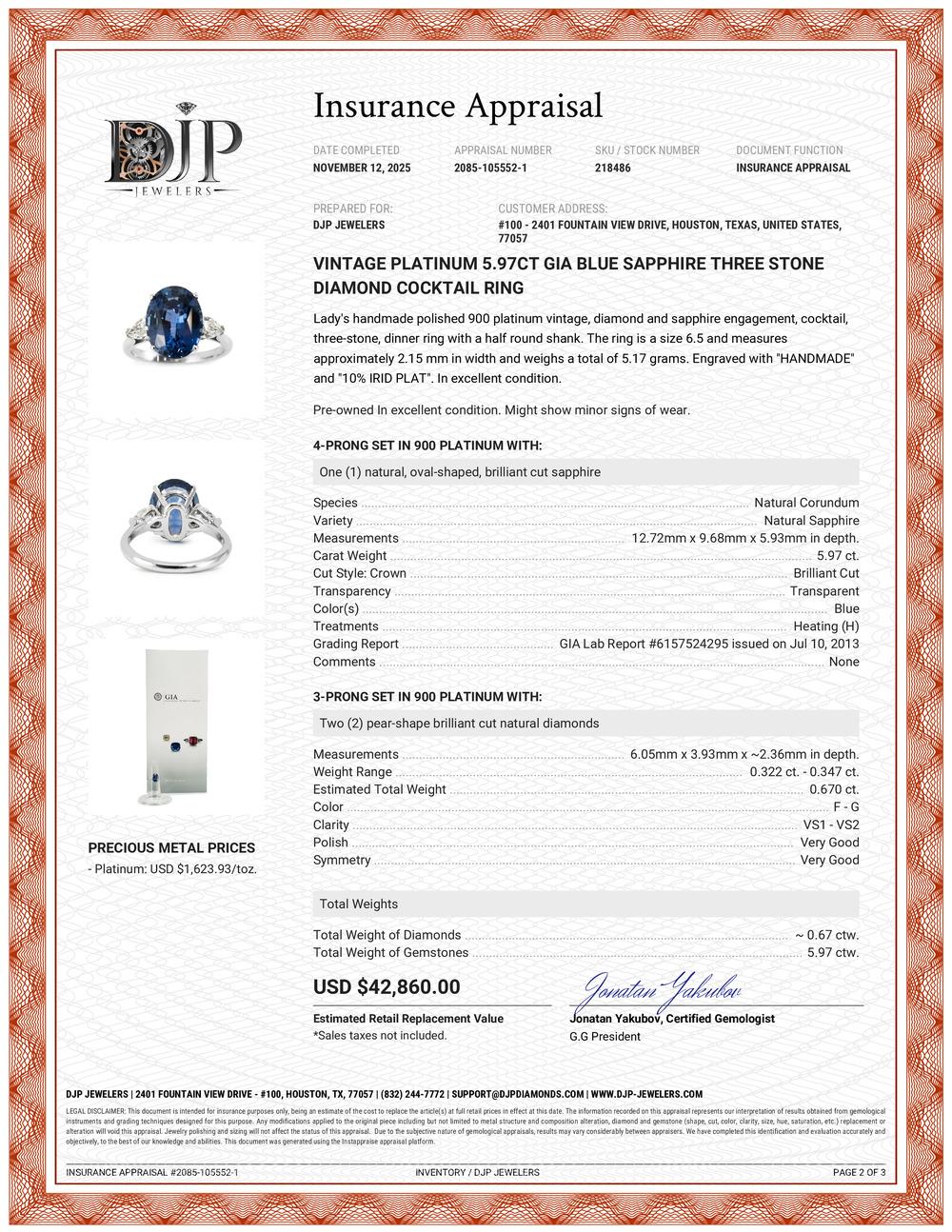 Anillo de cóctel vintage de platino y diamantes con tres piedras y 5,97 ct de zafiro azul Gia en venta 5