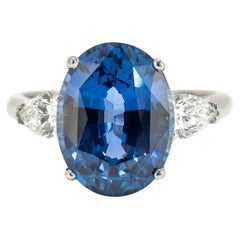 Vintage Platinum 5.97ct Gia Blue Sapphire Three Stone Diamond Cocktail Ring (bague de cocktail à trois pierres en platine)