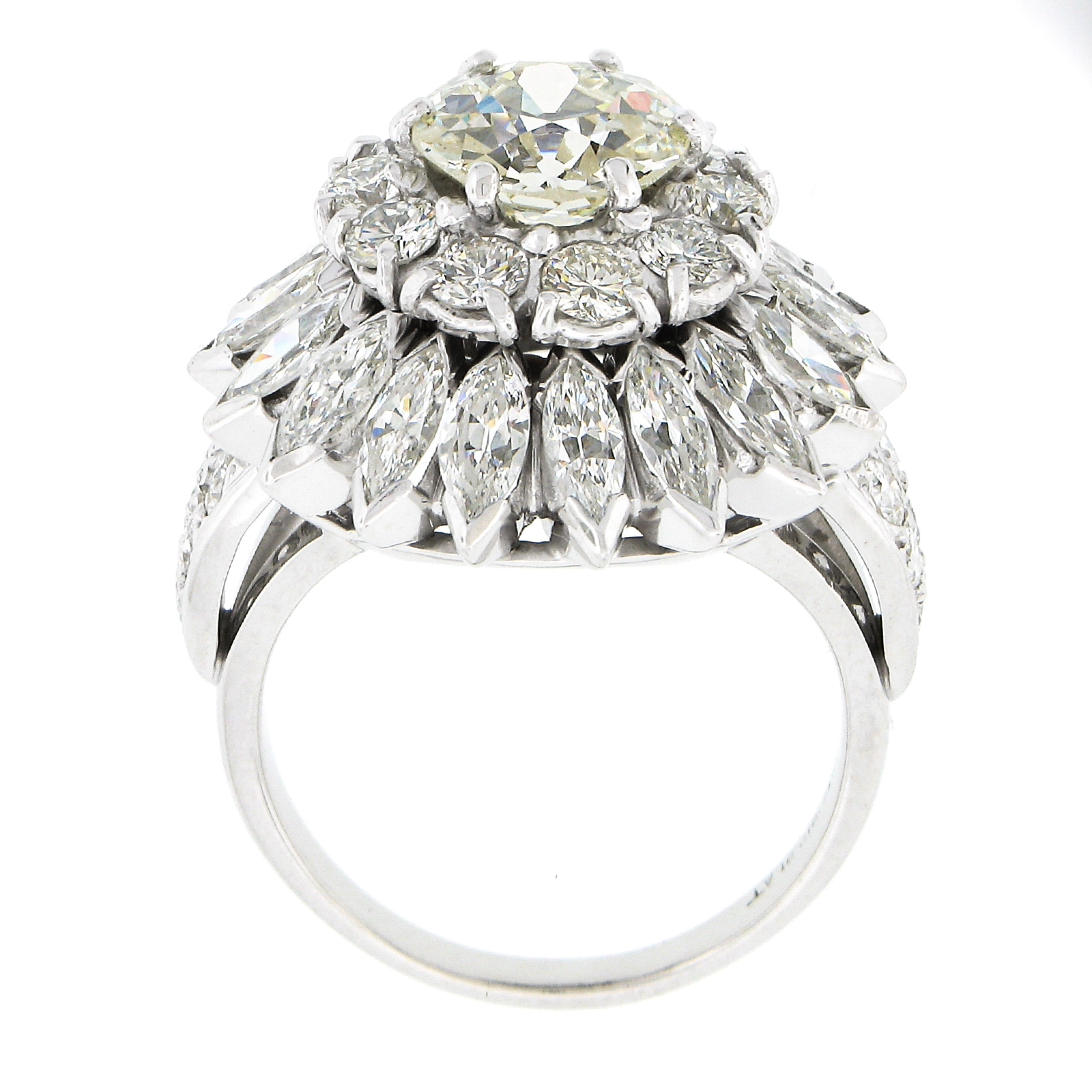 Women's Vintage Platinum 6.08ctw GIA European Diamond Marquise Halo Flower Cocktail Ring