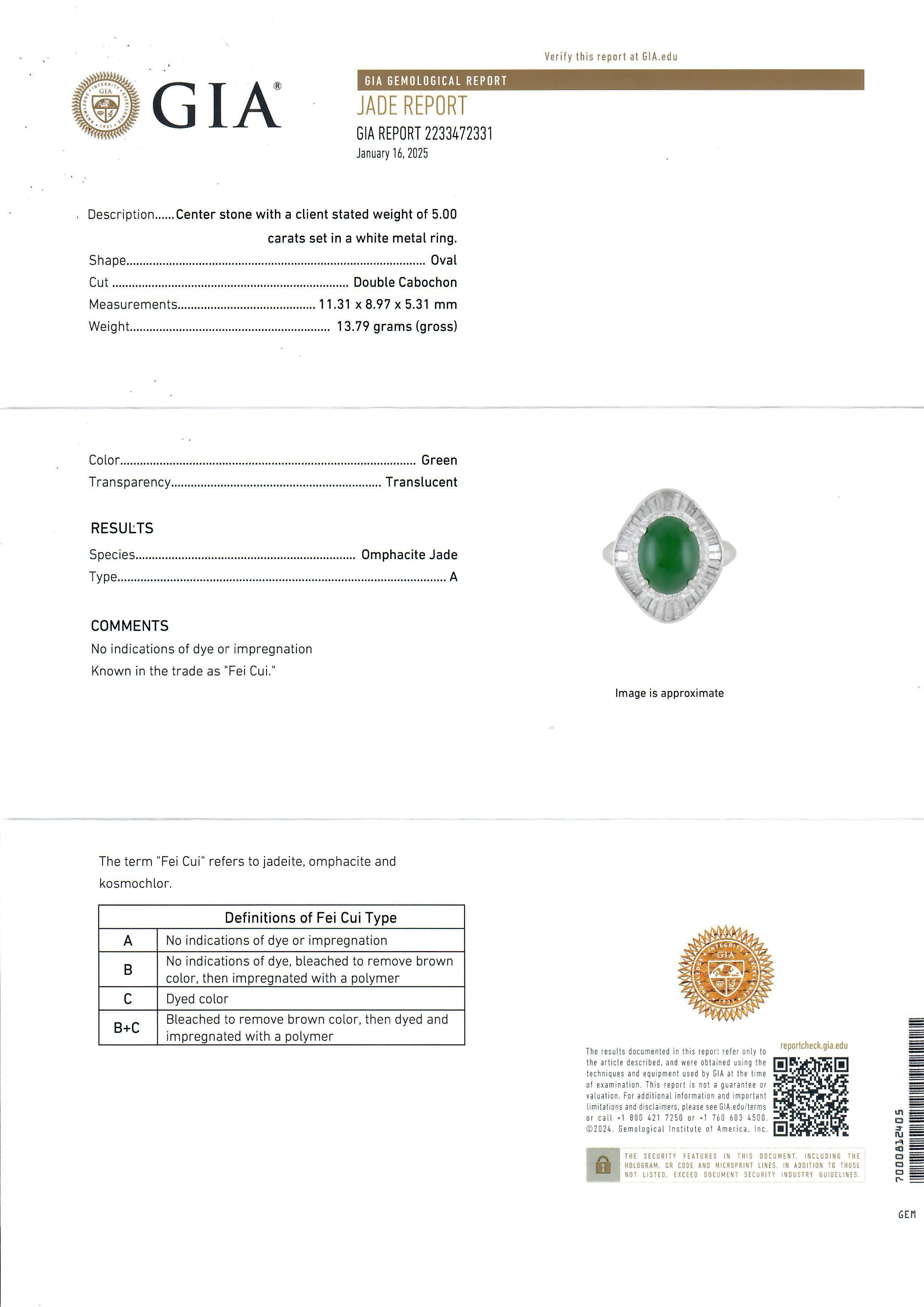 Cabochon Vintage Platinum 6.39ctw Omphacite Jade & Diamond Ballerina Cocktail Ring For Sale