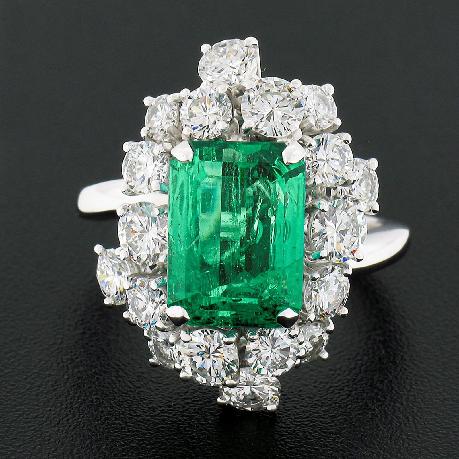 Octagon Cut Vintage Platinum 6.49ctw GIA Columbian Emerald W/ Diamond Cluster Cocktail Ring