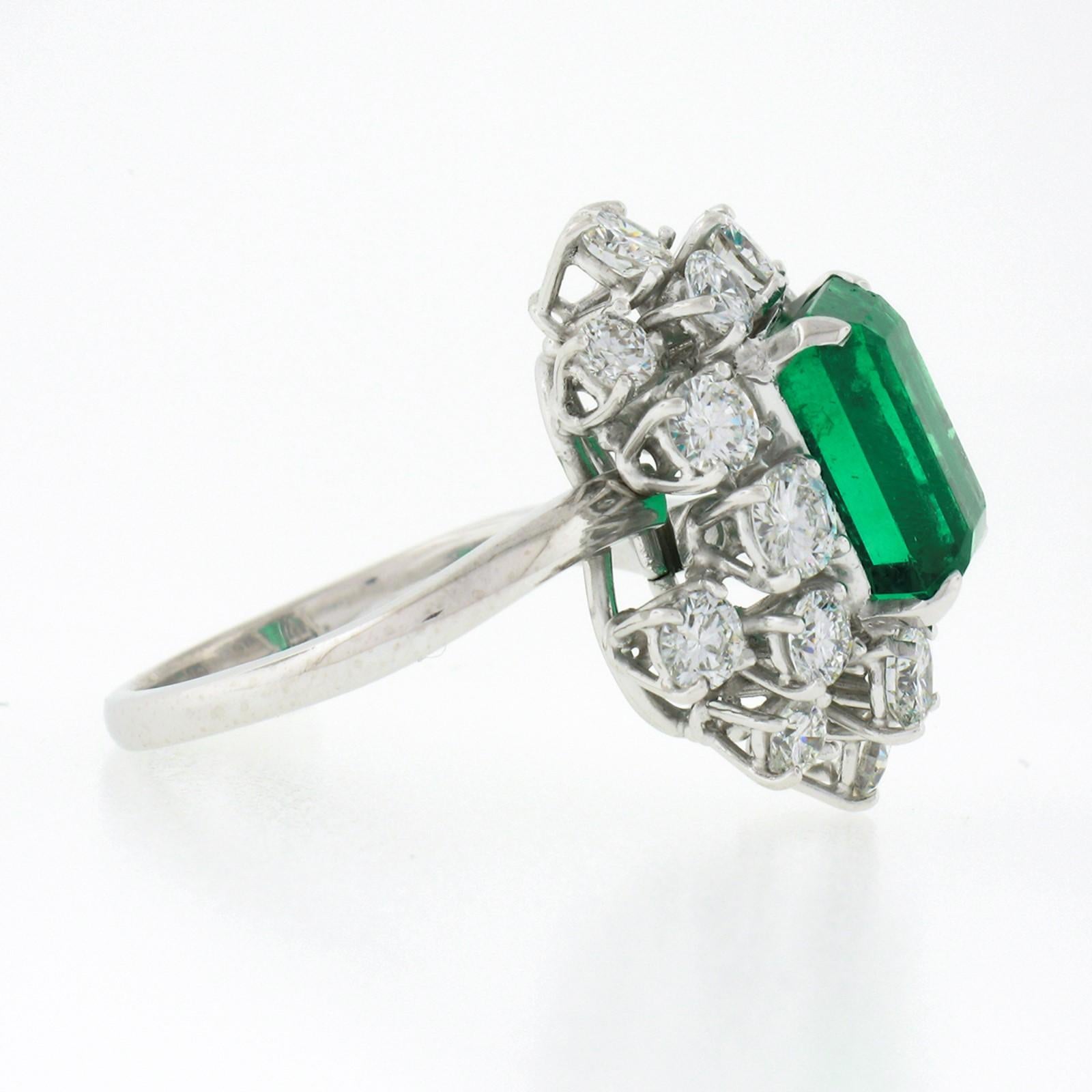 Women's Vintage Platinum 6.49ctw GIA Columbian Emerald W/ Diamond Cluster Cocktail Ring