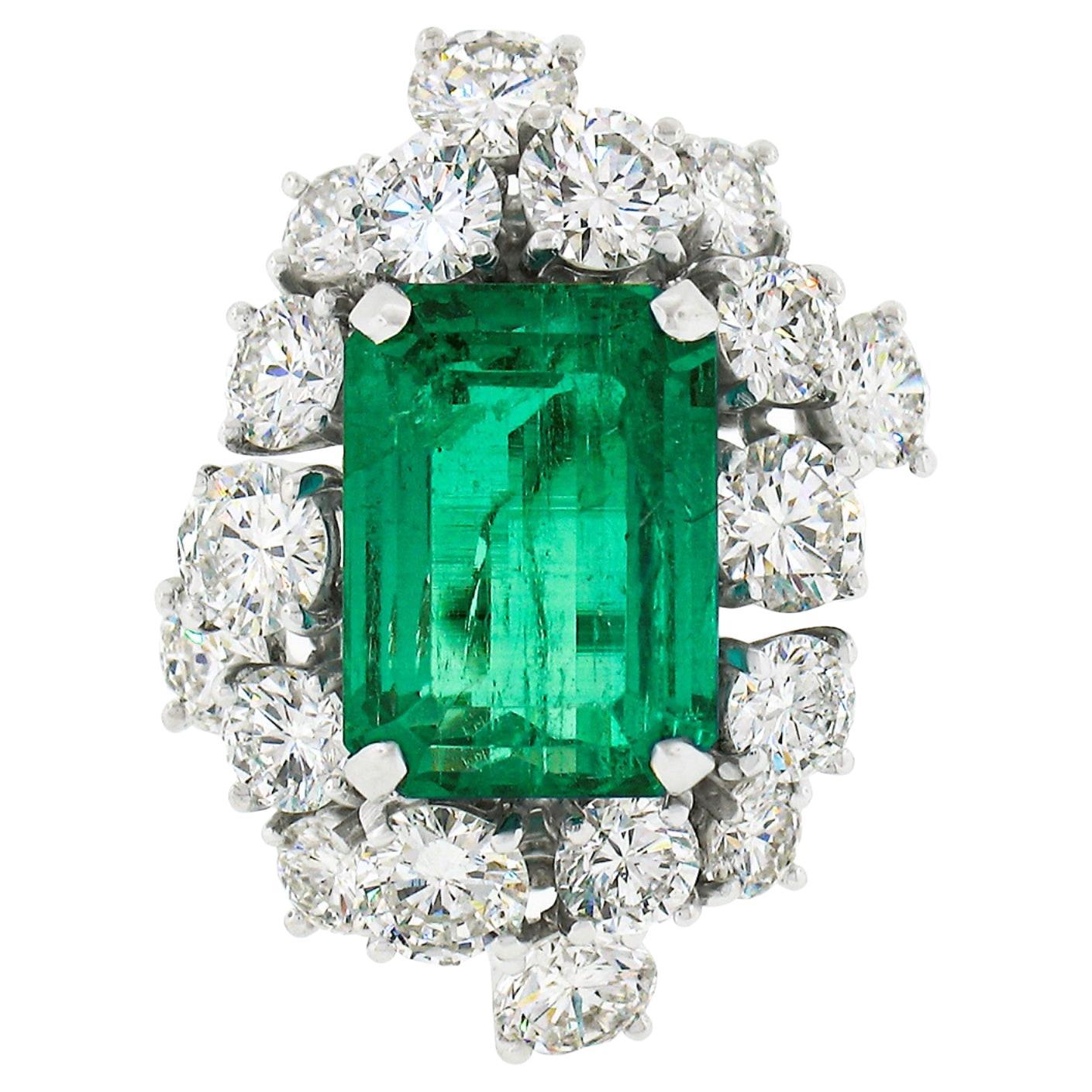 Vintage Platinum 6.49ctw GIA Columbian Emerald W/ Diamond Cluster Cocktail Ring