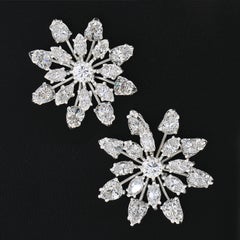 Vintage Platinum 6.4ct Pear Marquise Diamond Large Snowflake Spray Stud Earrings