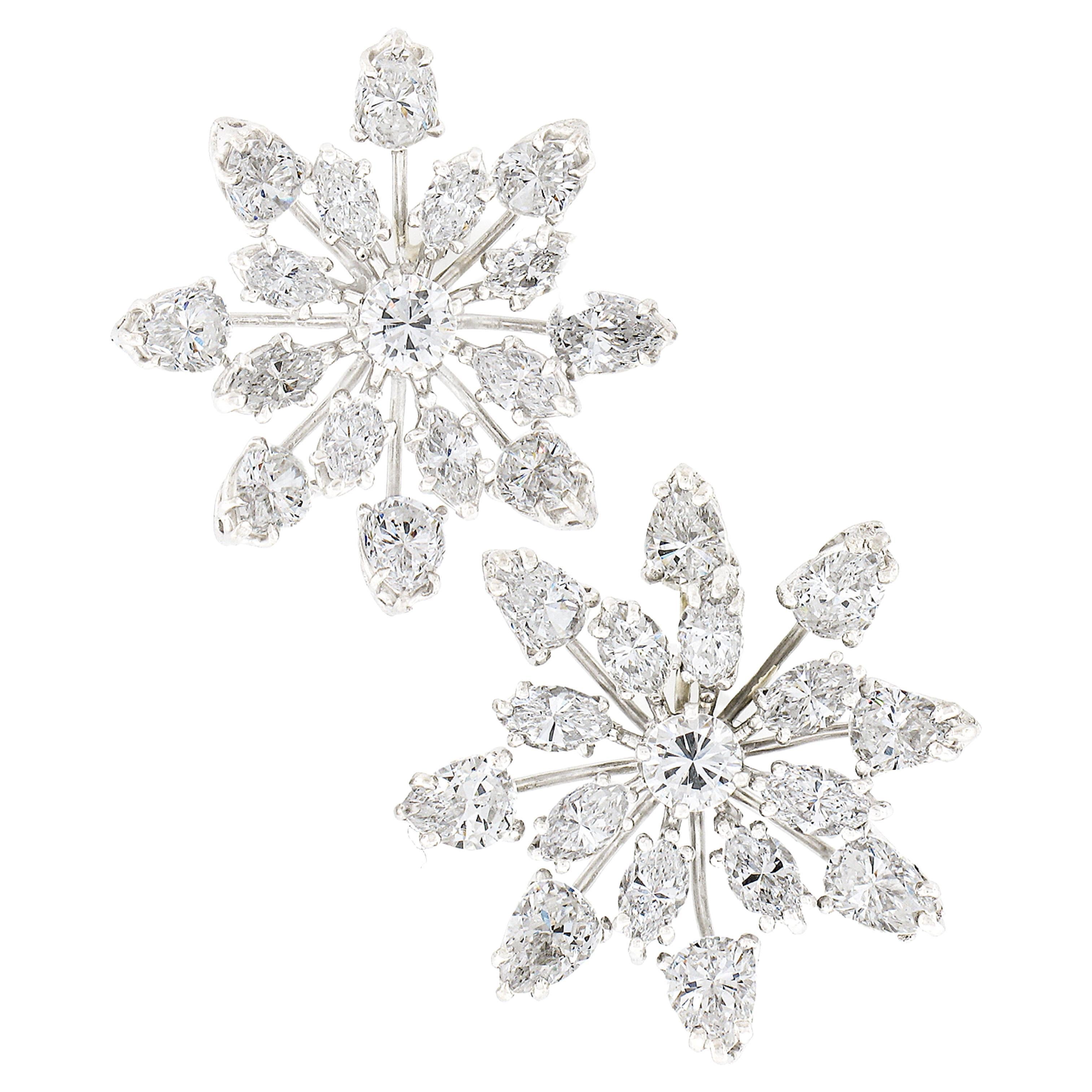 Vintage Platinum 6.4ct Pear Marquise Diamond Large Snowflake Spray Stud Earrings For Sale