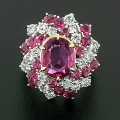 Vintage Platinum 6.90ctw GIA Oval Pink Ceylon Sapphire Round Diamond Swirl Ring