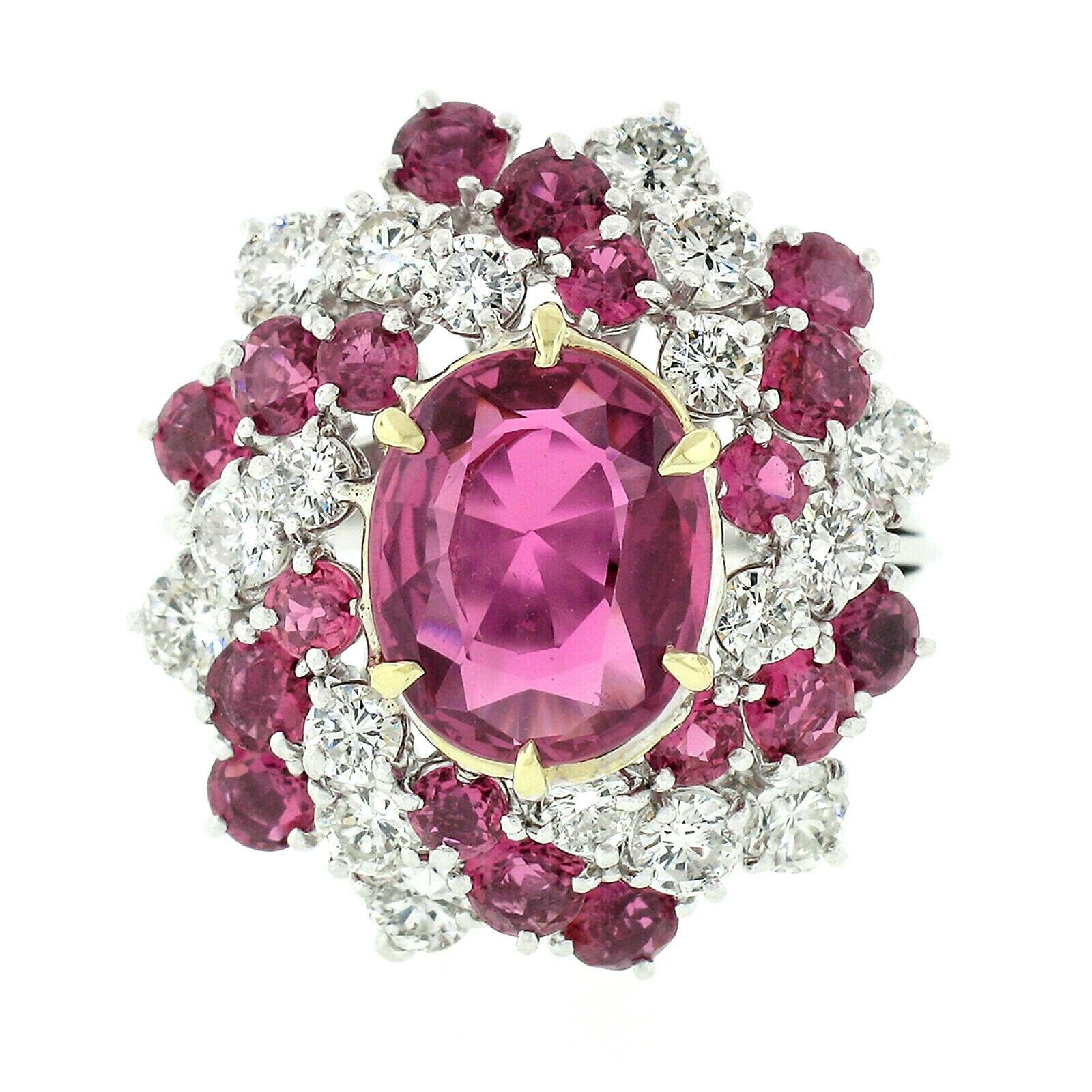 Vintage Platinum 6.90ctw GIA Oval Pink Ceylon Sapphire Round Diamond Swirl Ring In Excellent Condition For Sale In Montclair, NJ