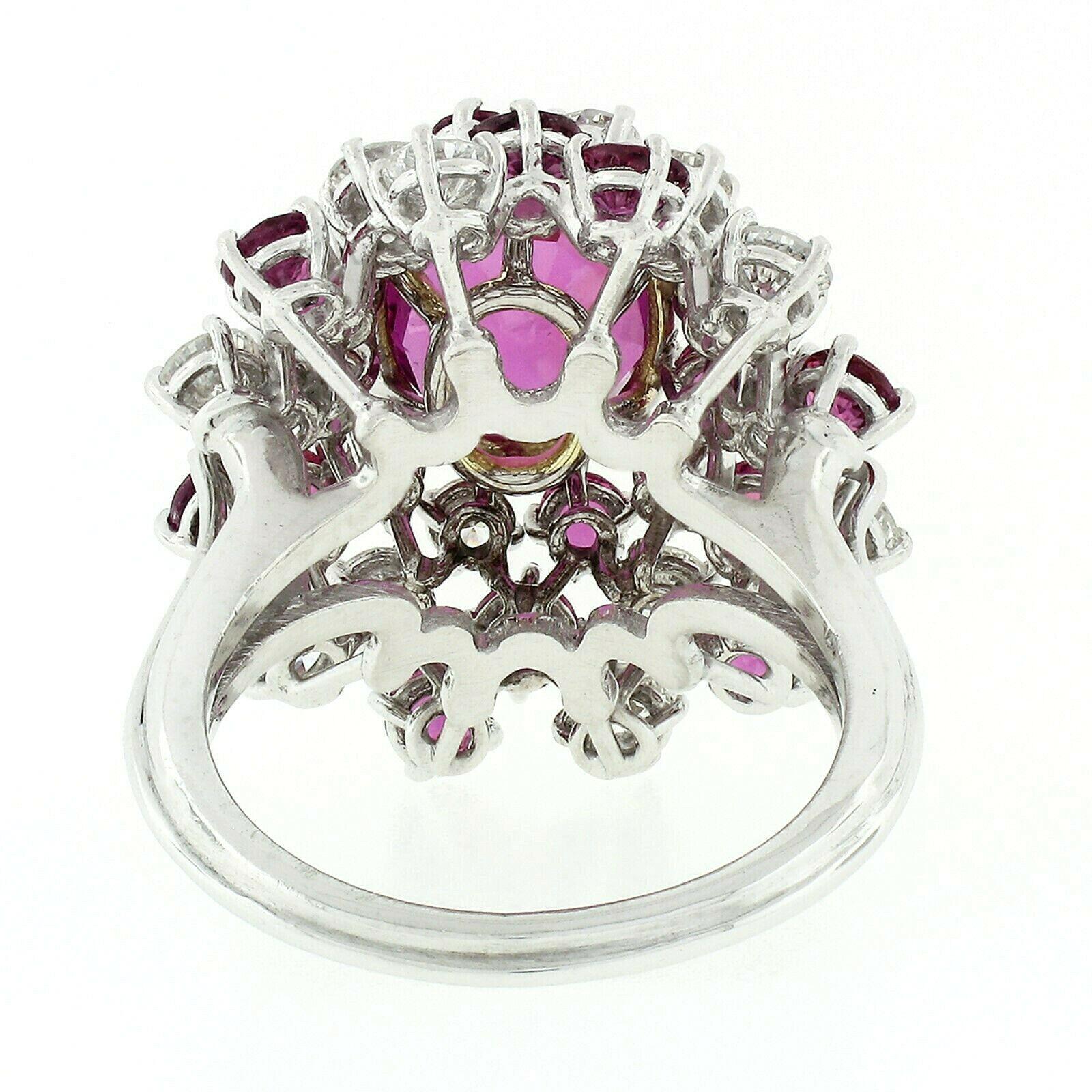 Vintage Platinum 6.90ctw GIA Oval Pink Ceylon Sapphire Round Diamond Swirl Ring For Sale 3