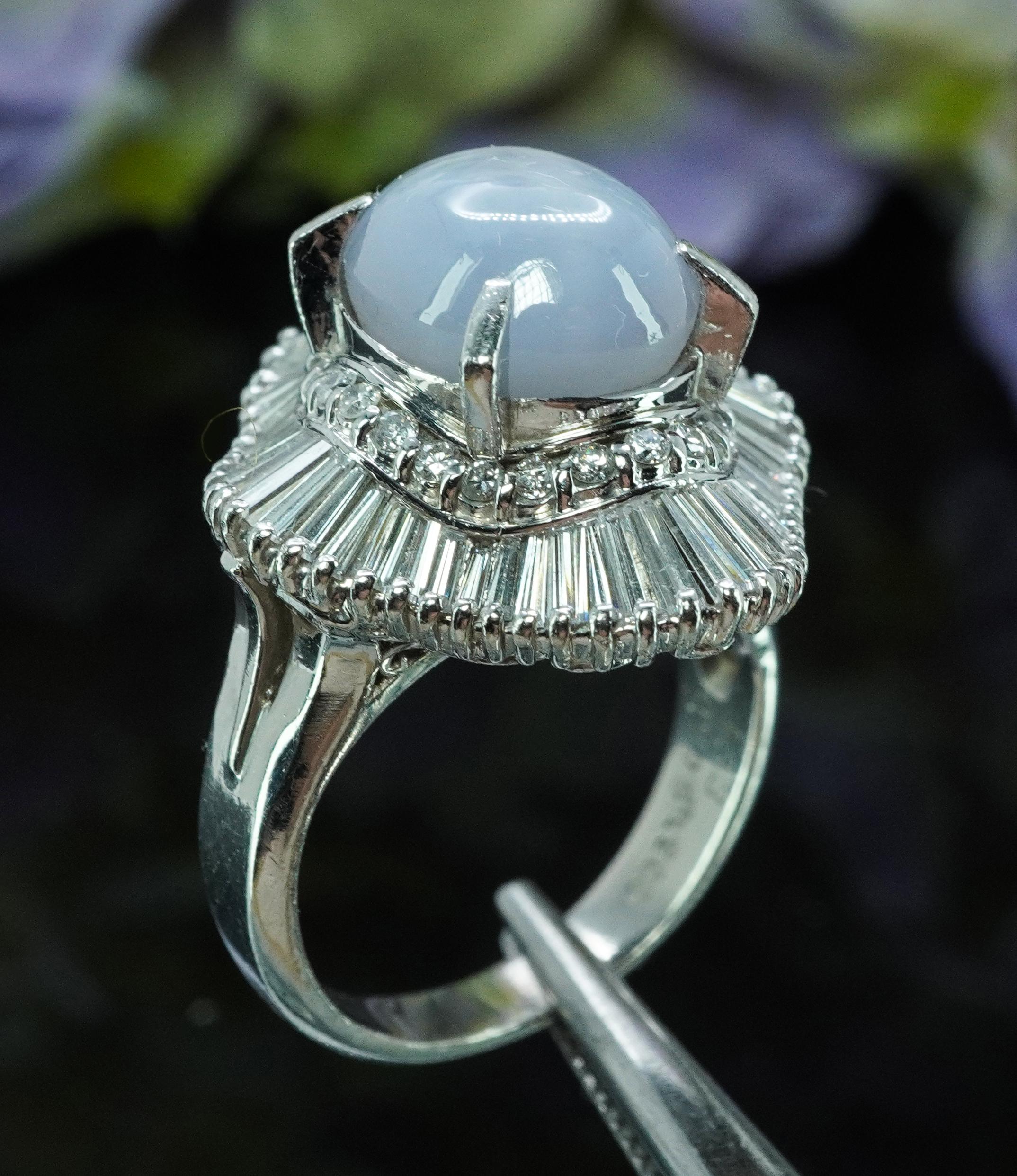 Vintage Platinum 6ct Star Sapphire Baguette Runde Diamant Ballerina Halo Ring im Zustand „Gut“ im Angebot in Brambleton, US