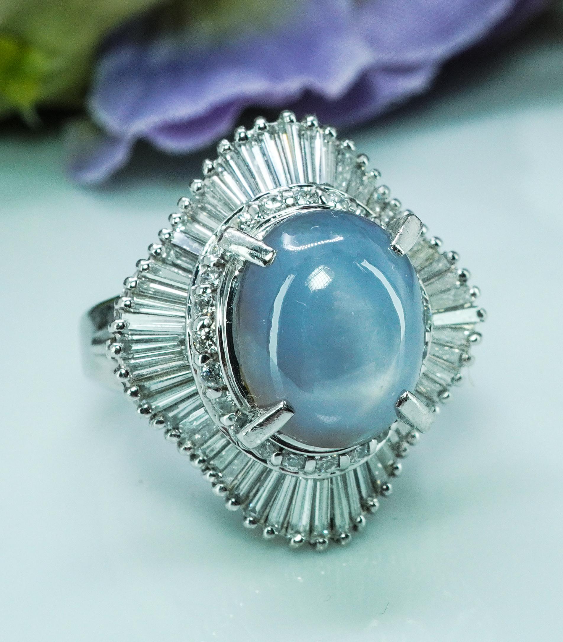 Vintage Platinum 6ct Star Sapphire Baguette Runde Diamant Ballerina Halo Ring Damen im Angebot