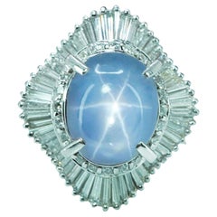 Vintage Platinum 6ct Star Sapphire Baguette Round Diamond Ballerina Halo Ring