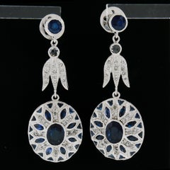 Vintage Platinum 7.1ctw Bezel Sapphire & Diamond Mosaic Drop Dangle Earrings