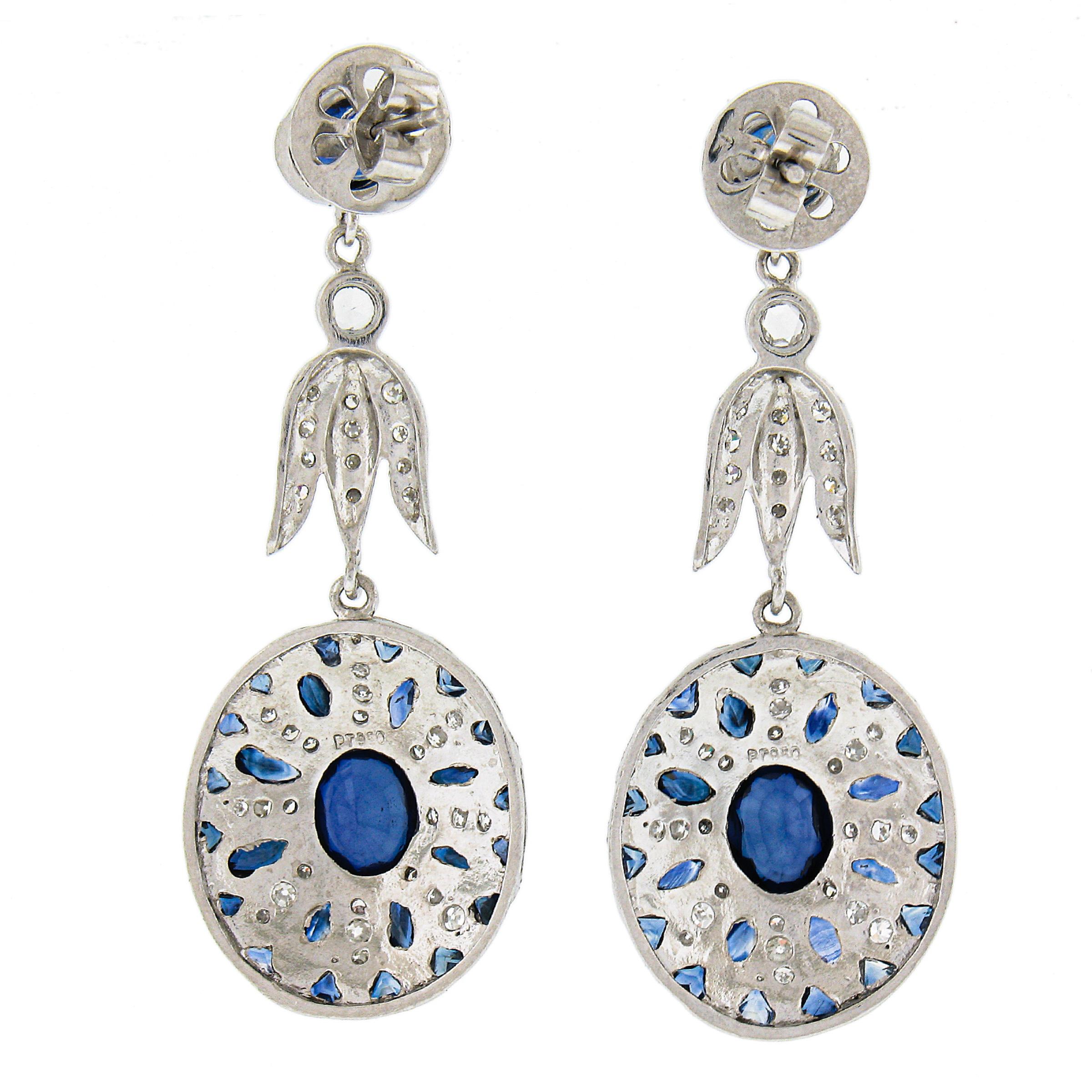 Oval Cut Vintage Platinum 7.1ctw Bezel Sapphire & Diamond Mosaic Drop Dangle Earrings For Sale