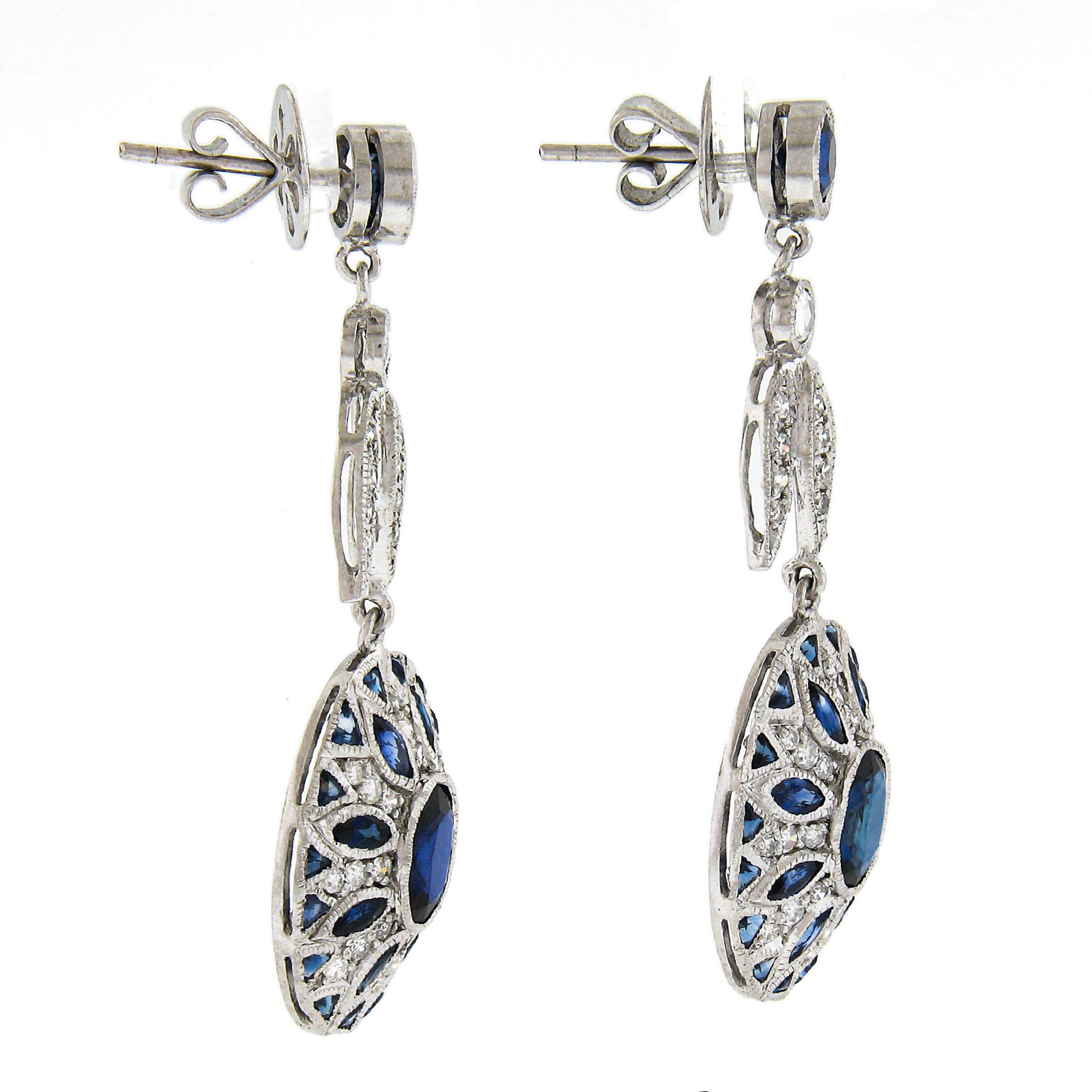 Vintage Platinum 7.1ctw Bezel Sapphire & Diamond Mosaic Drop Dangle Earrings In Excellent Condition For Sale In Montclair, NJ