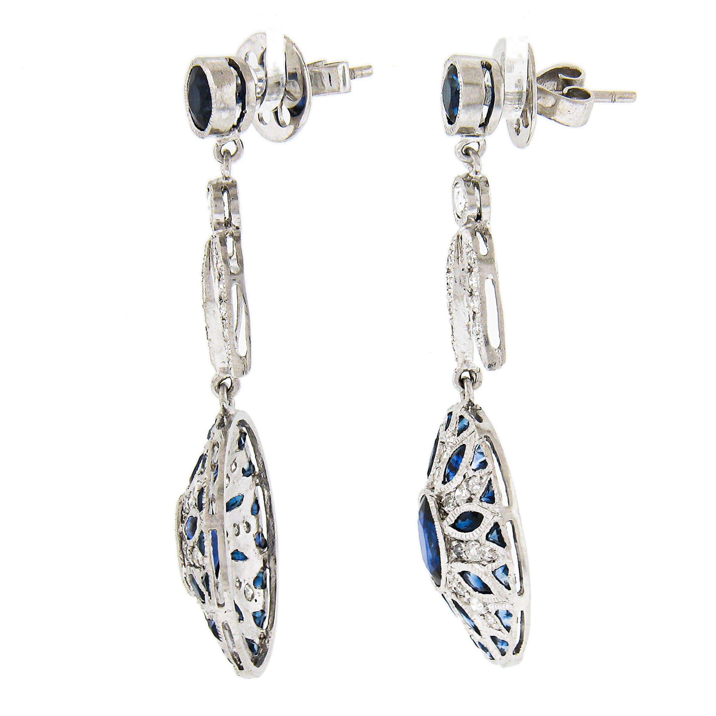 Women's Vintage Platinum 7.1ctw Bezel Sapphire & Diamond Mosaic Drop Dangle Earrings For Sale