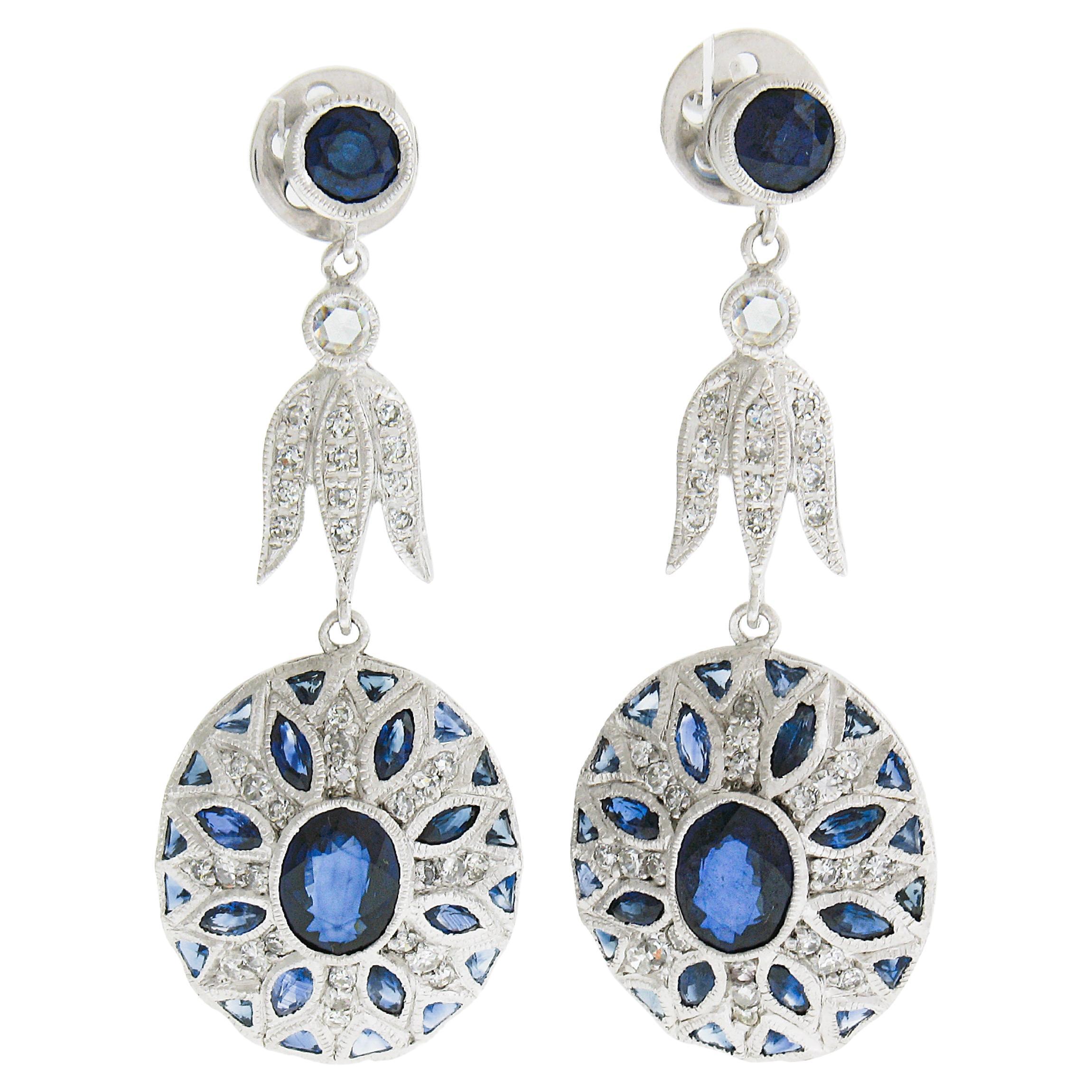 Vintage Platinum 7.1ctw Bezel Sapphire & Diamond Mosaic Drop Dangle Earrings For Sale