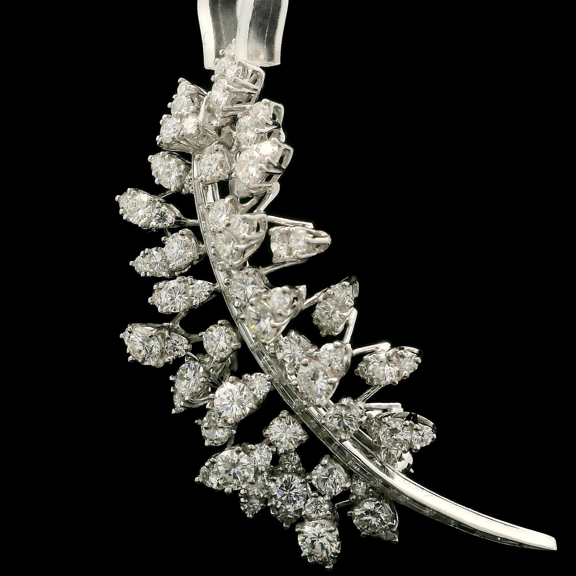 Baguette Cut Vintage Platinum 7.50ctw Baguette & Round Diamond Cluster Leaf Floral Pin Brooch For Sale