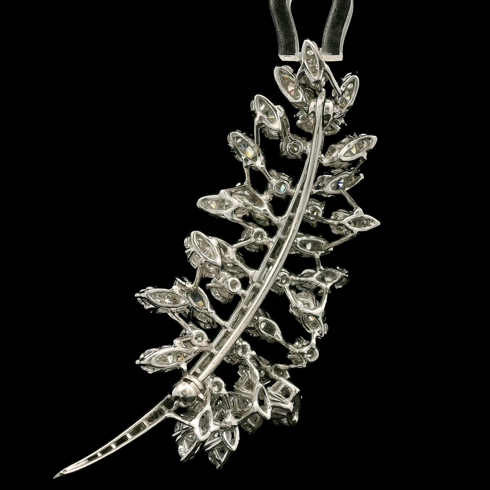 Vintage Platinum 7.50ctw Baguette & Round Diamond Cluster Leaf Floral Pin Brooch In Excellent Condition For Sale In Montclair, NJ