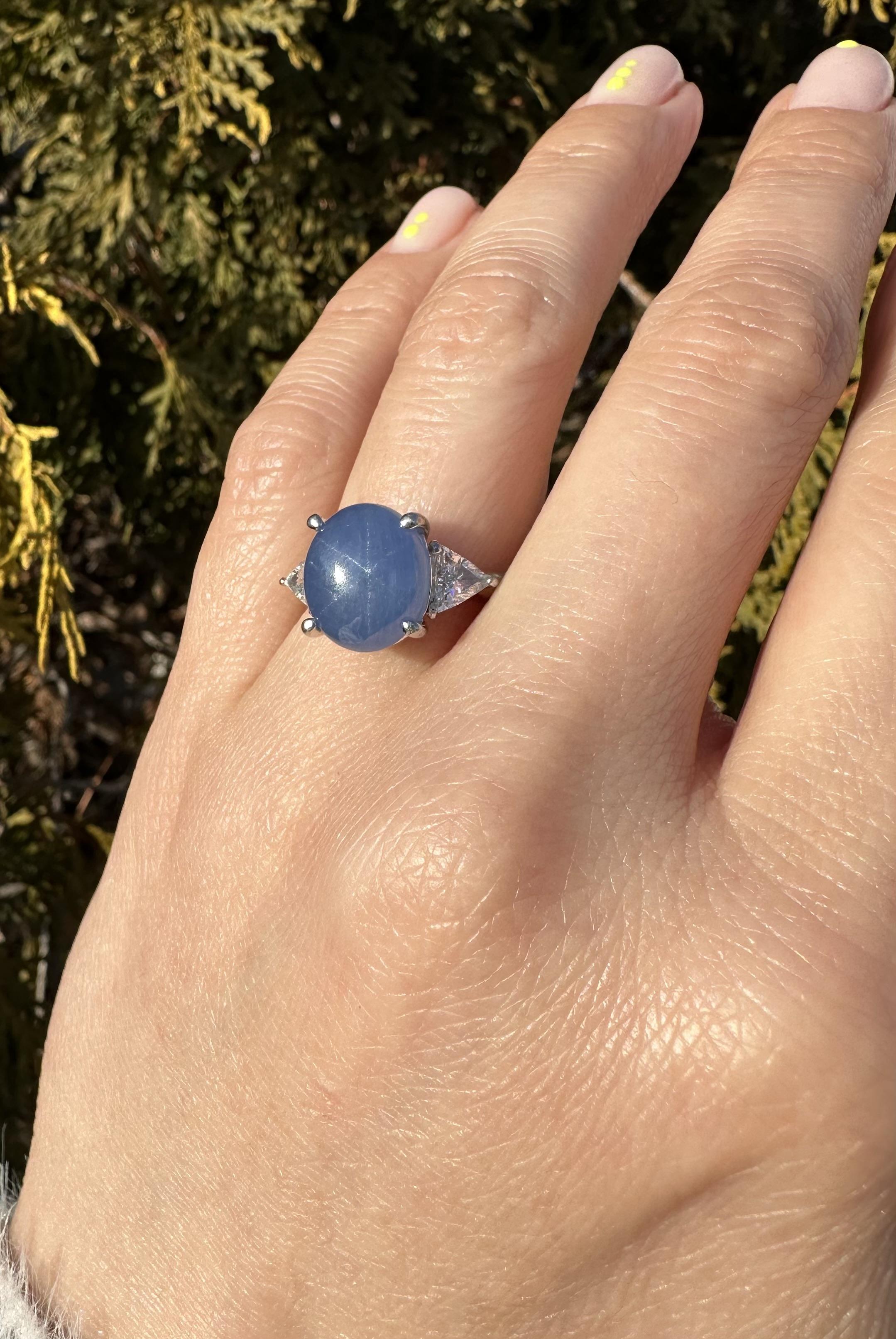 Vintage Platinum 7.58ctw Oval Cabochon Star Sapphire & Trillion Diamond Ring 11