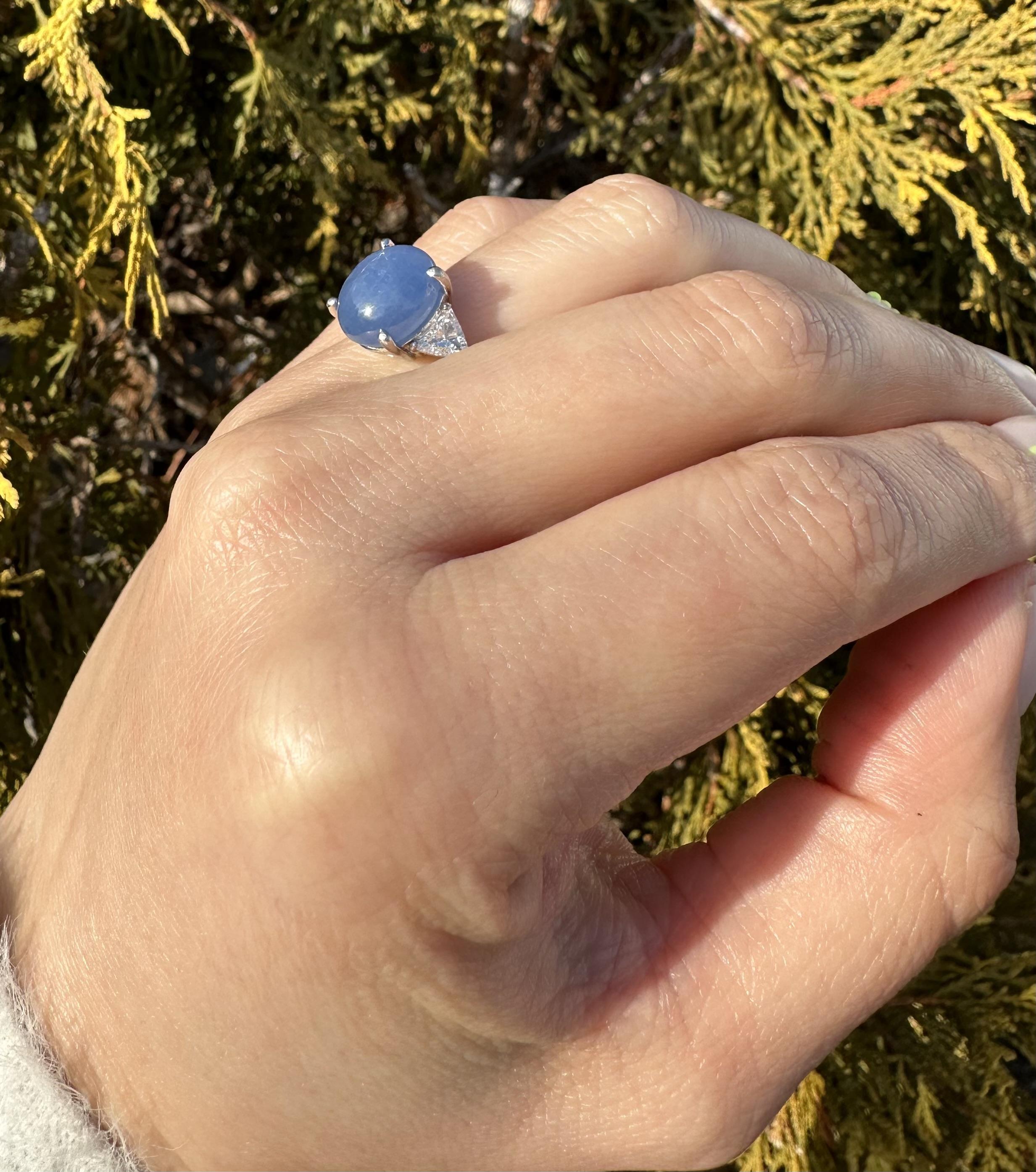 Vintage Platinum 7.58ctw Oval Cabochon Star Sapphire & Trillion Diamond Ring 13