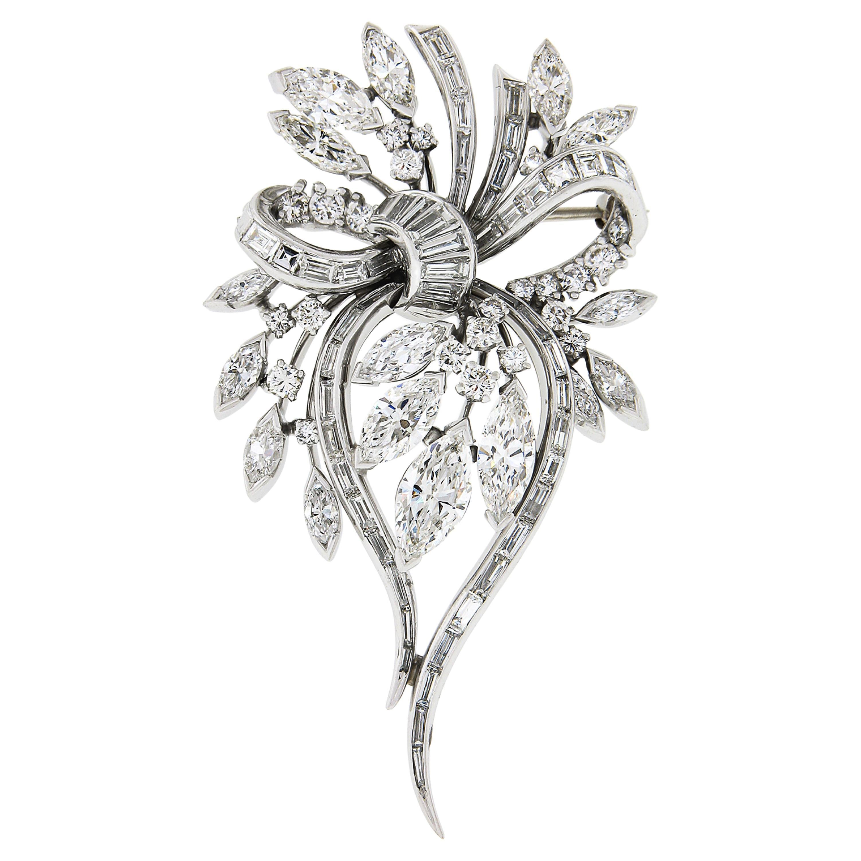 Vintage Platinum 7.59ctw Fancy Large Diamond Floral Ribbon Statement Pin Brooch For Sale