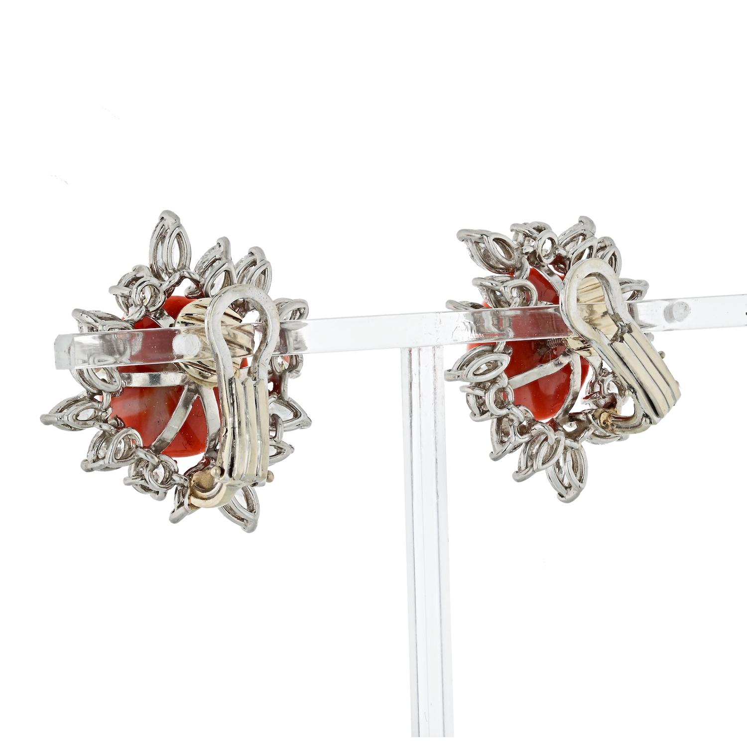 Modern Vintage Platinum 8.00 Carat Diamond and Coral Earrings For Sale
