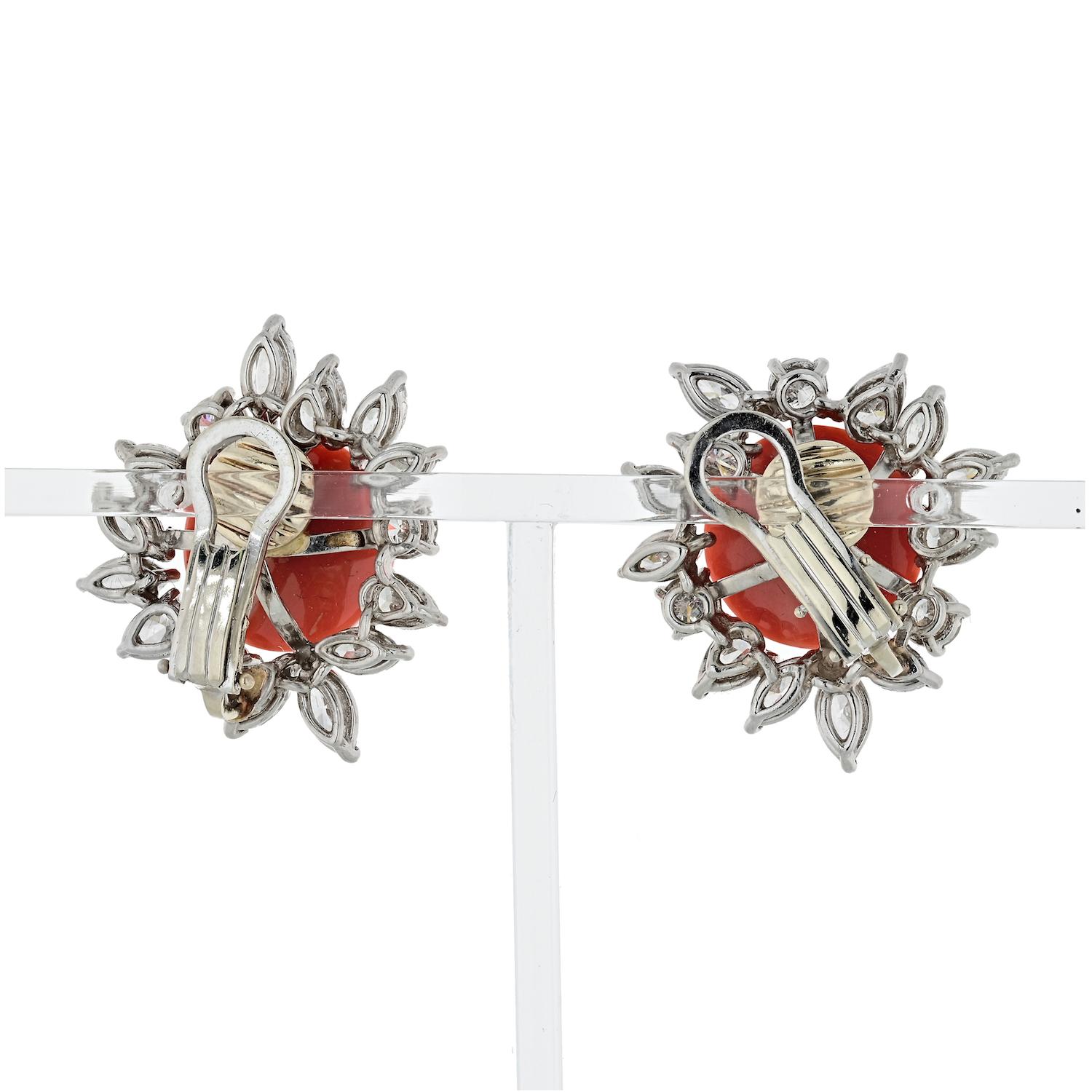 Cabochon Vintage Platinum 8.00 Carat Diamond and Coral Earrings For Sale