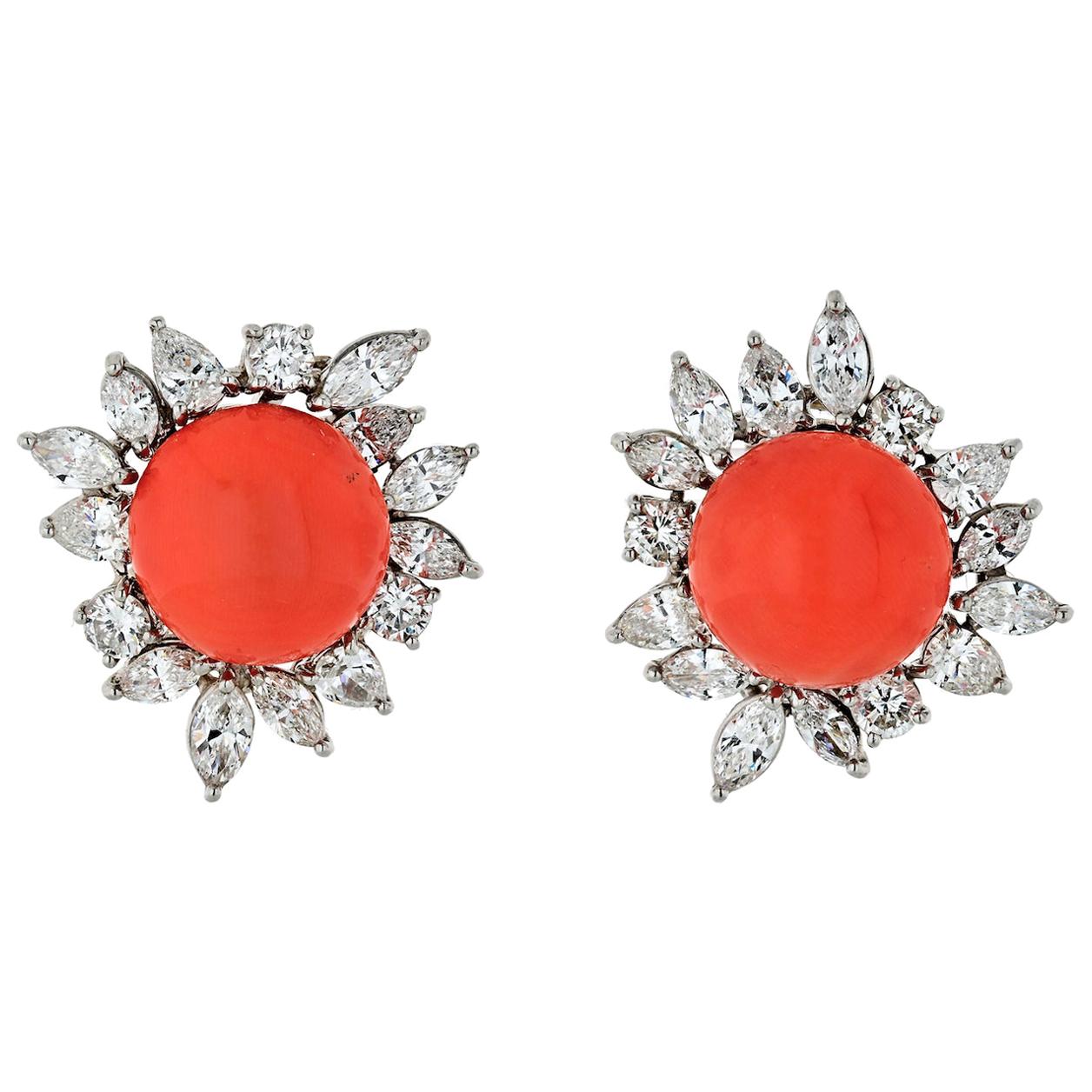 Vintage Platinum 8.00 Carat Diamond and Coral Earrings For Sale