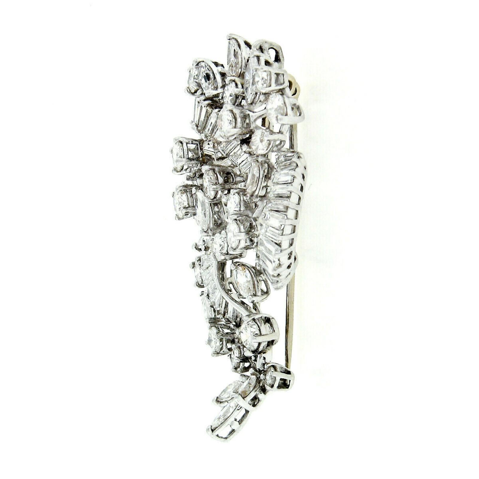 Art Deco Vintage Platinum 8.85ctw Round Baguette Marquise Diamond Spray Floral Pin Brooch