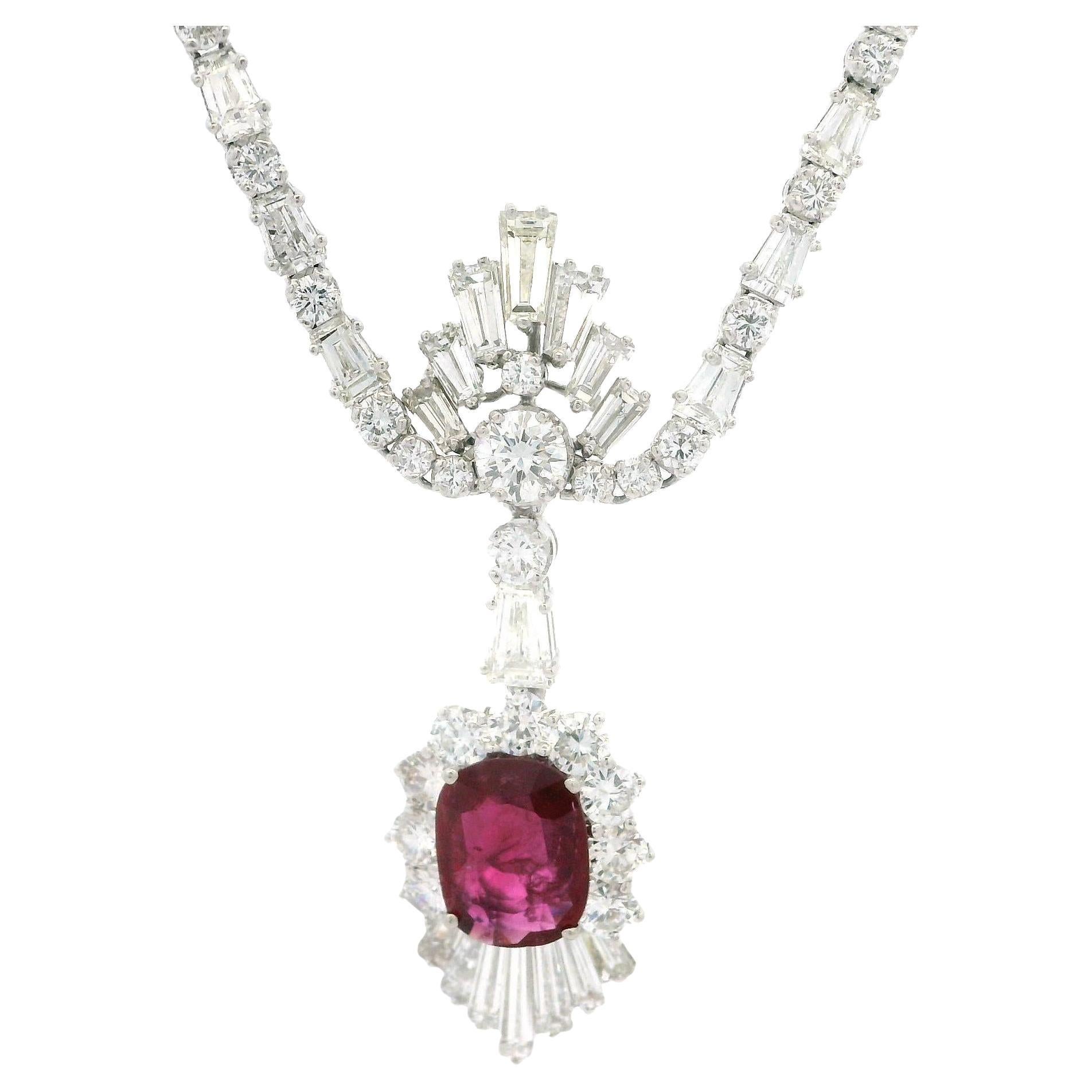 Vintage Platinum 8ctw GIA Ruby & Diamond Enhancer Pendant Adjustable Necklace