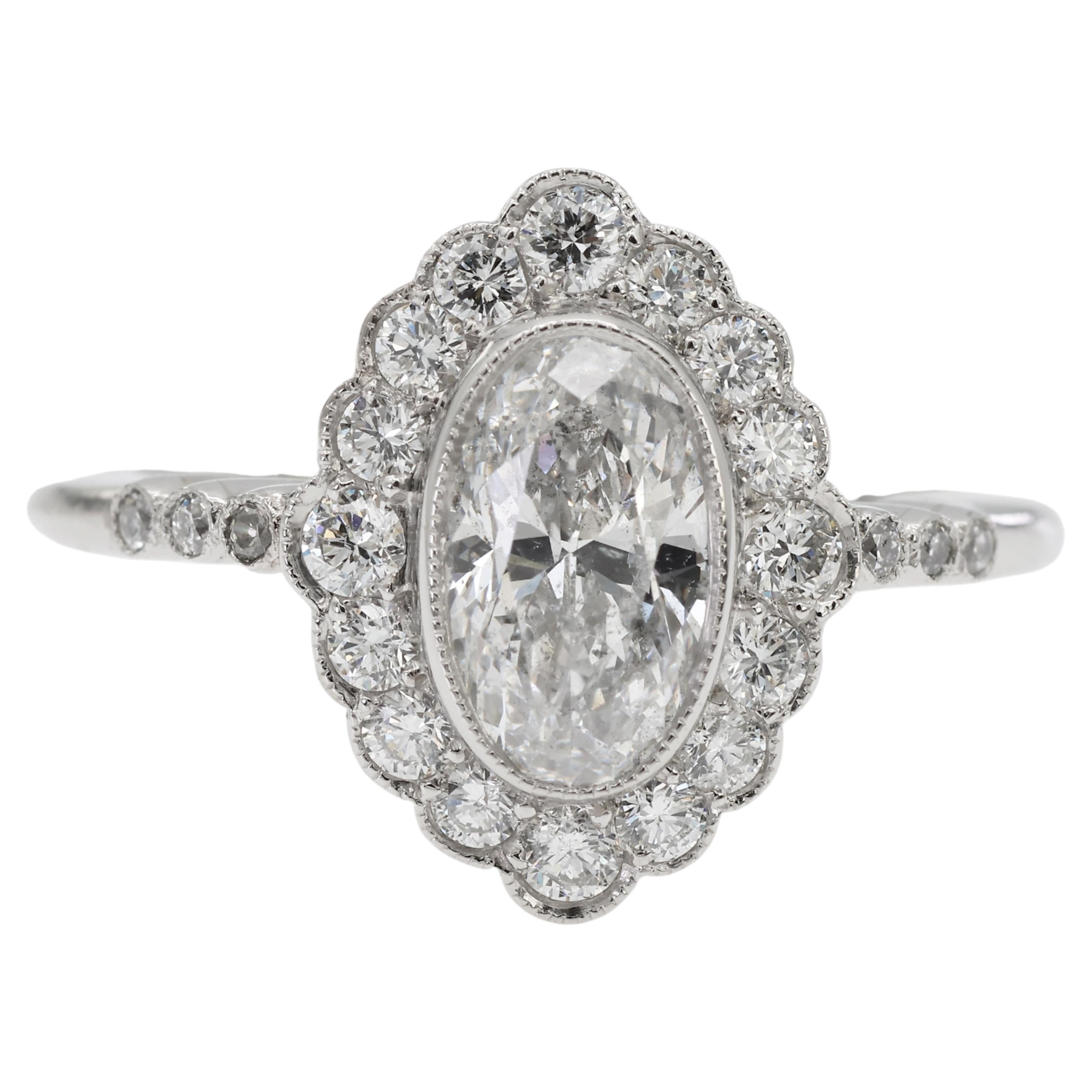Vintage Platinum 900 Natural Diamond Milgrain Oval Shape Engagement Band Ring For Sale