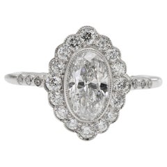 Vintage Platinum 900 Natural Diamond Milgrain Oval Shape Engagement Band Ring