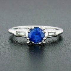 Vintage Platinum .93ct Round Sapphire & Baguette Diamond 3 Stone Engagement Ring