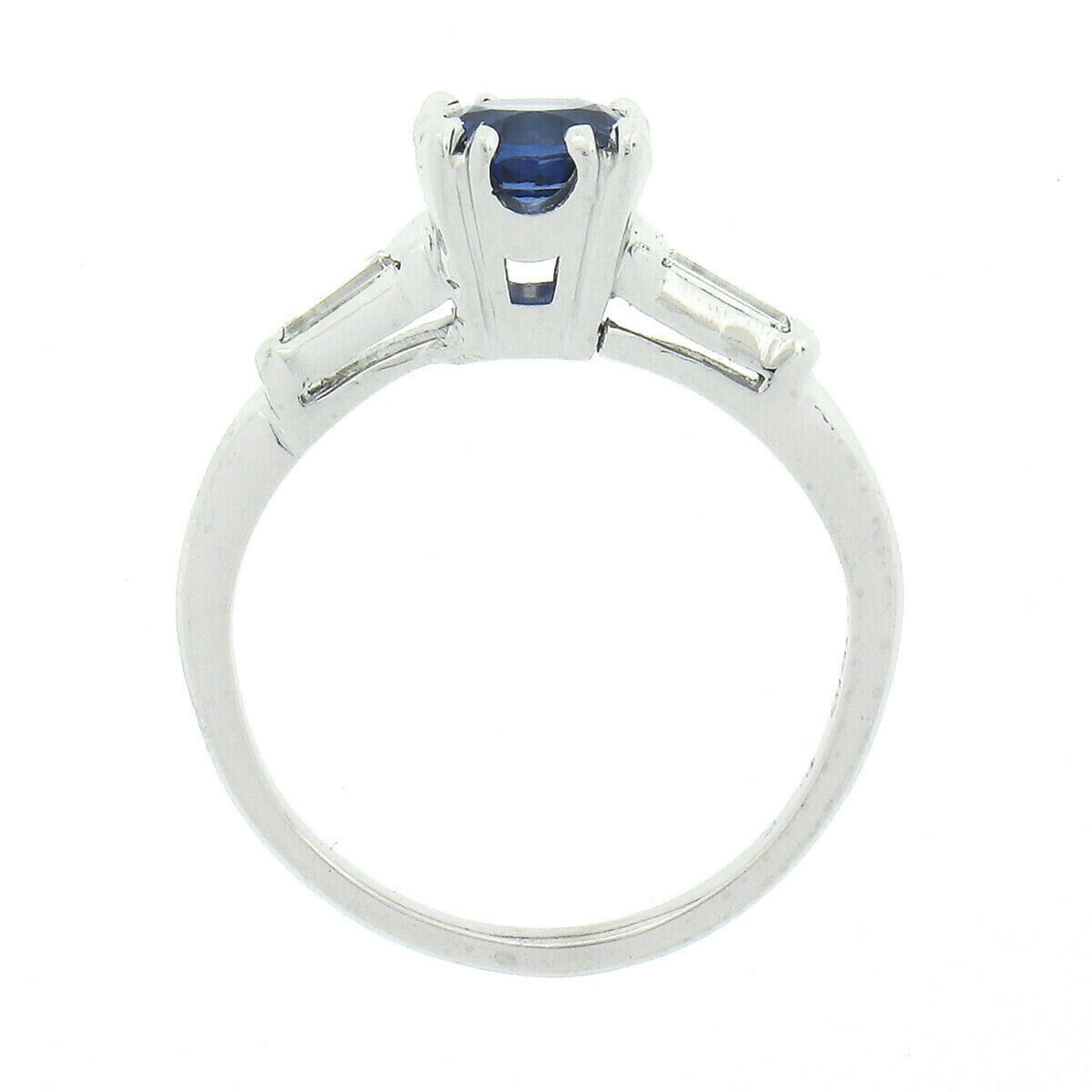 Round Cut Vintage Platinum .93ct Round Sapphire & Baguette Diamond 3 Stone Engagement Ring