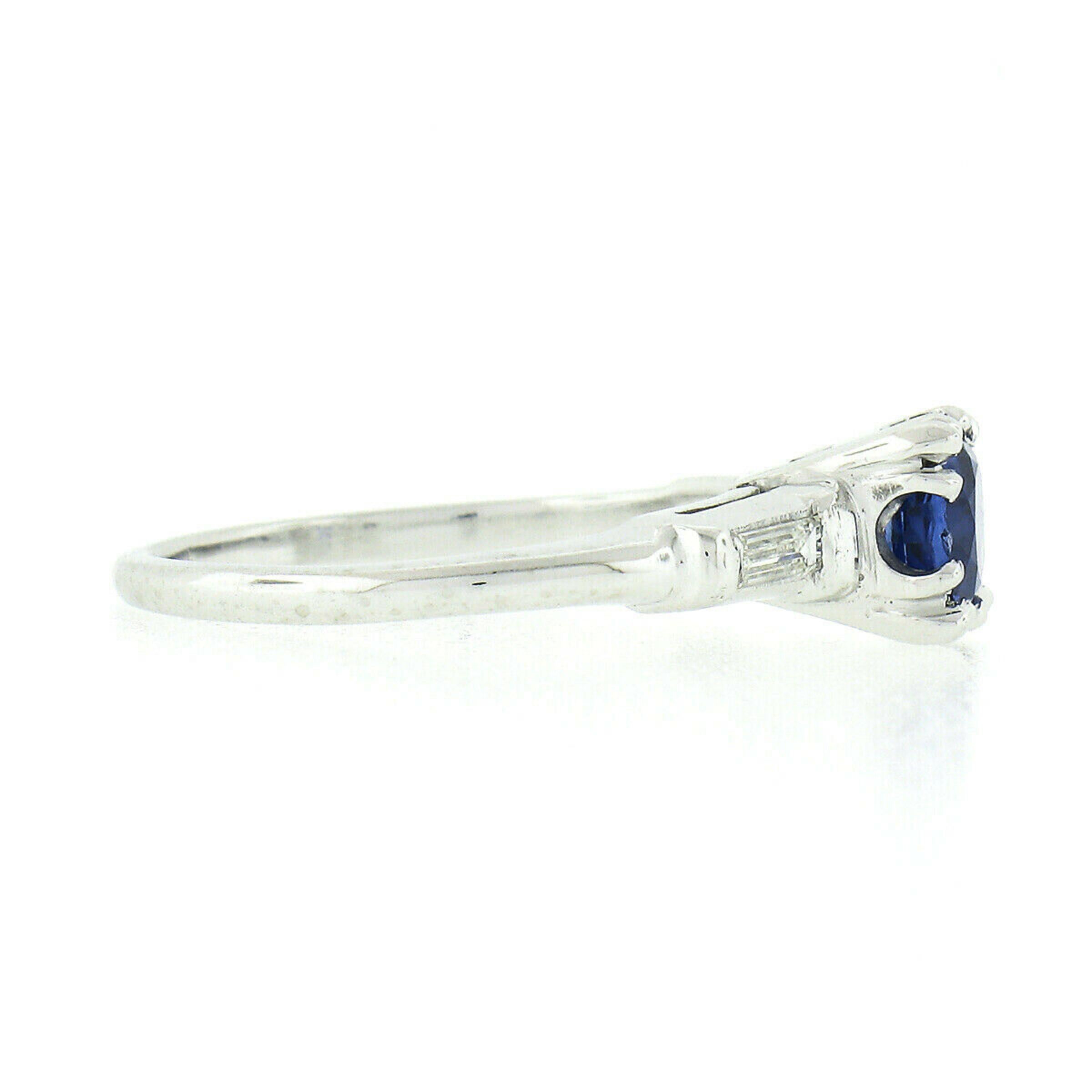 Women's Vintage Platinum .93ct Round Sapphire & Baguette Diamond 3 Stone Engagement Ring