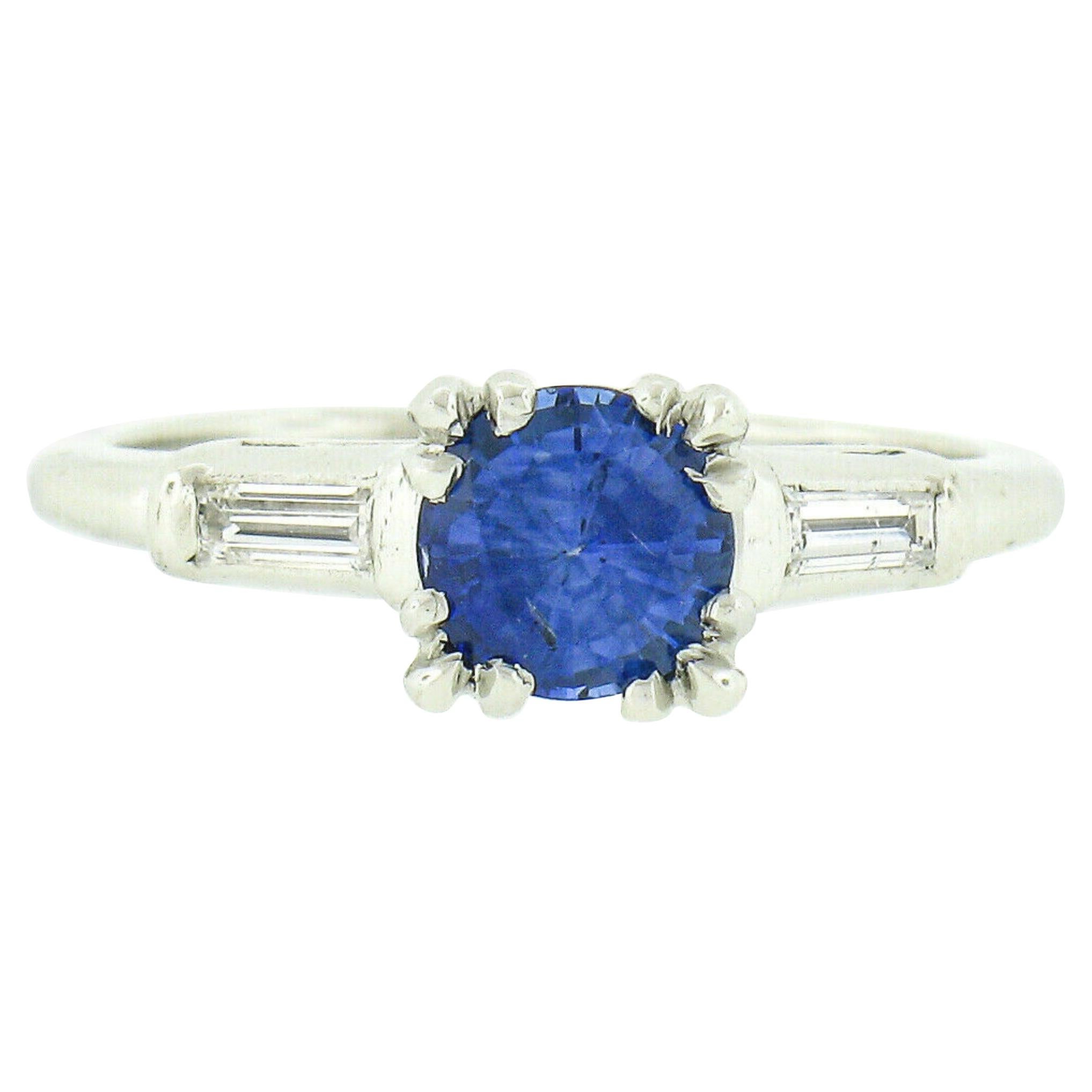Vintage Platinum .93ct Round Sapphire & Baguette Diamond 3 Stone Engagement Ring
