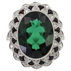 Anello vintage in platino 950 con finitura milgrain, diamanti naturali e tormaline