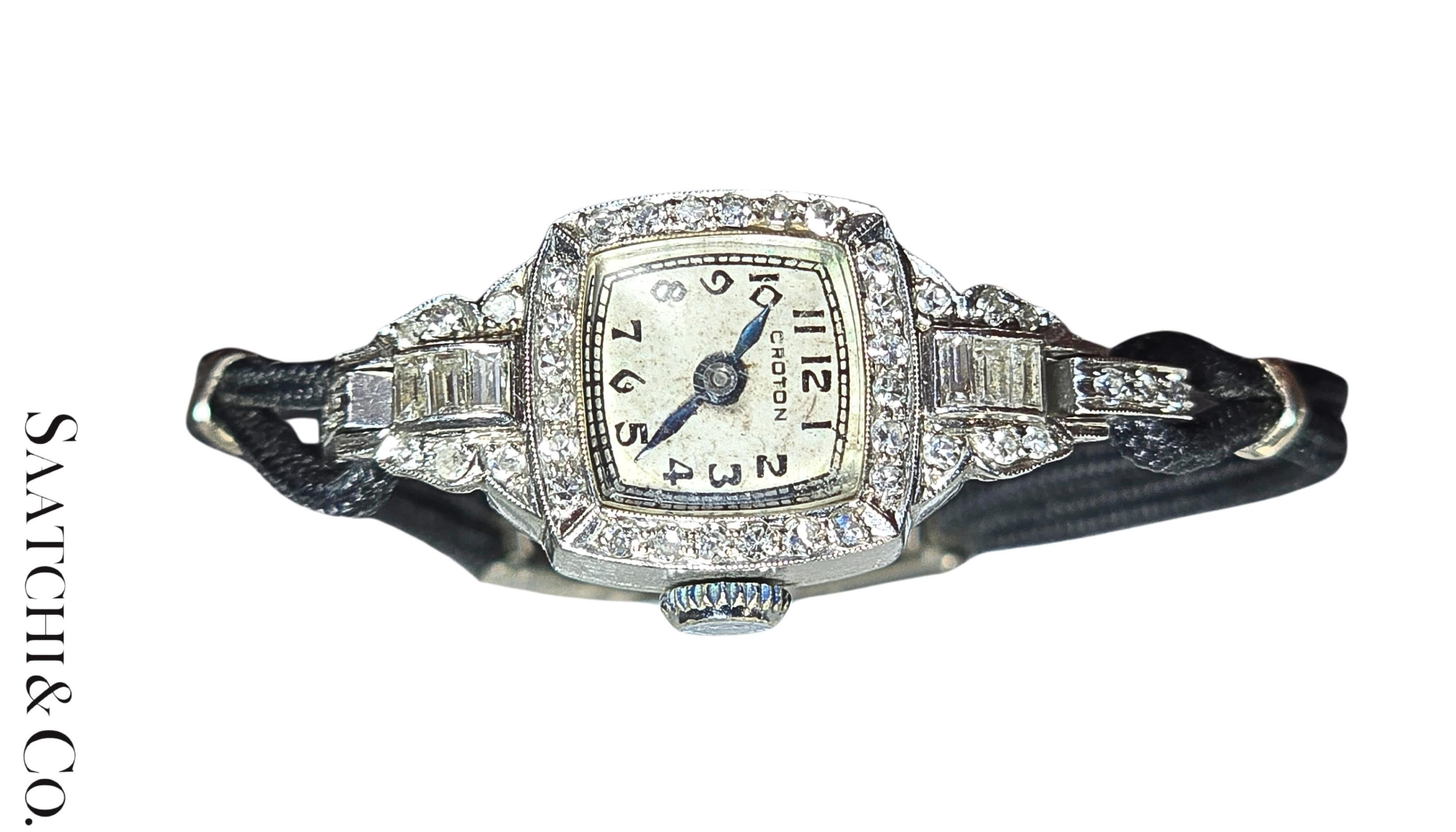 Vintage - Platin 950 & natürlicher Diamant - Croton Damenuhr im Zustand „Gut“ im Angebot in New York, NY