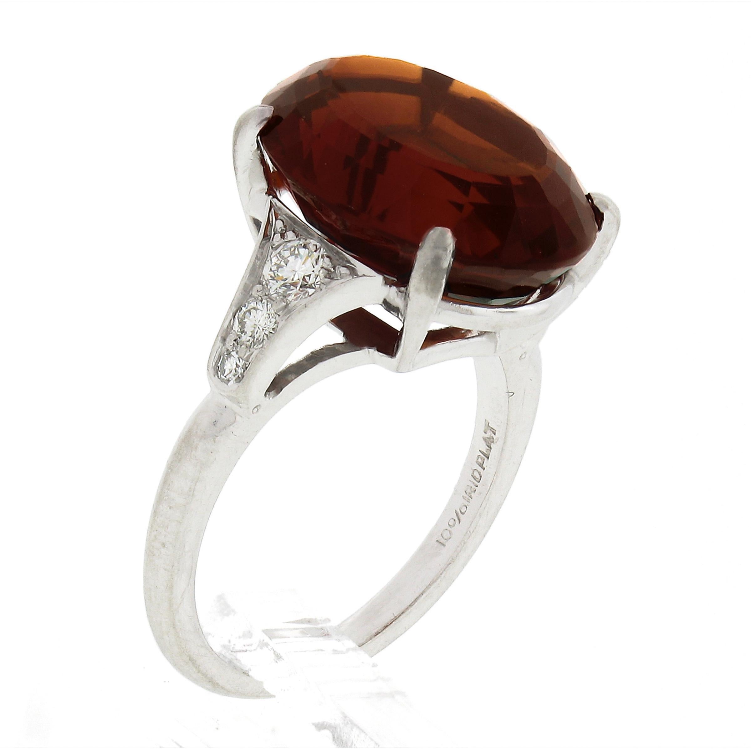 Vintage Platinum 9.51ctw Oval Madeira Citrine Solitaire & Diamond Cocktail Ring For Sale 3