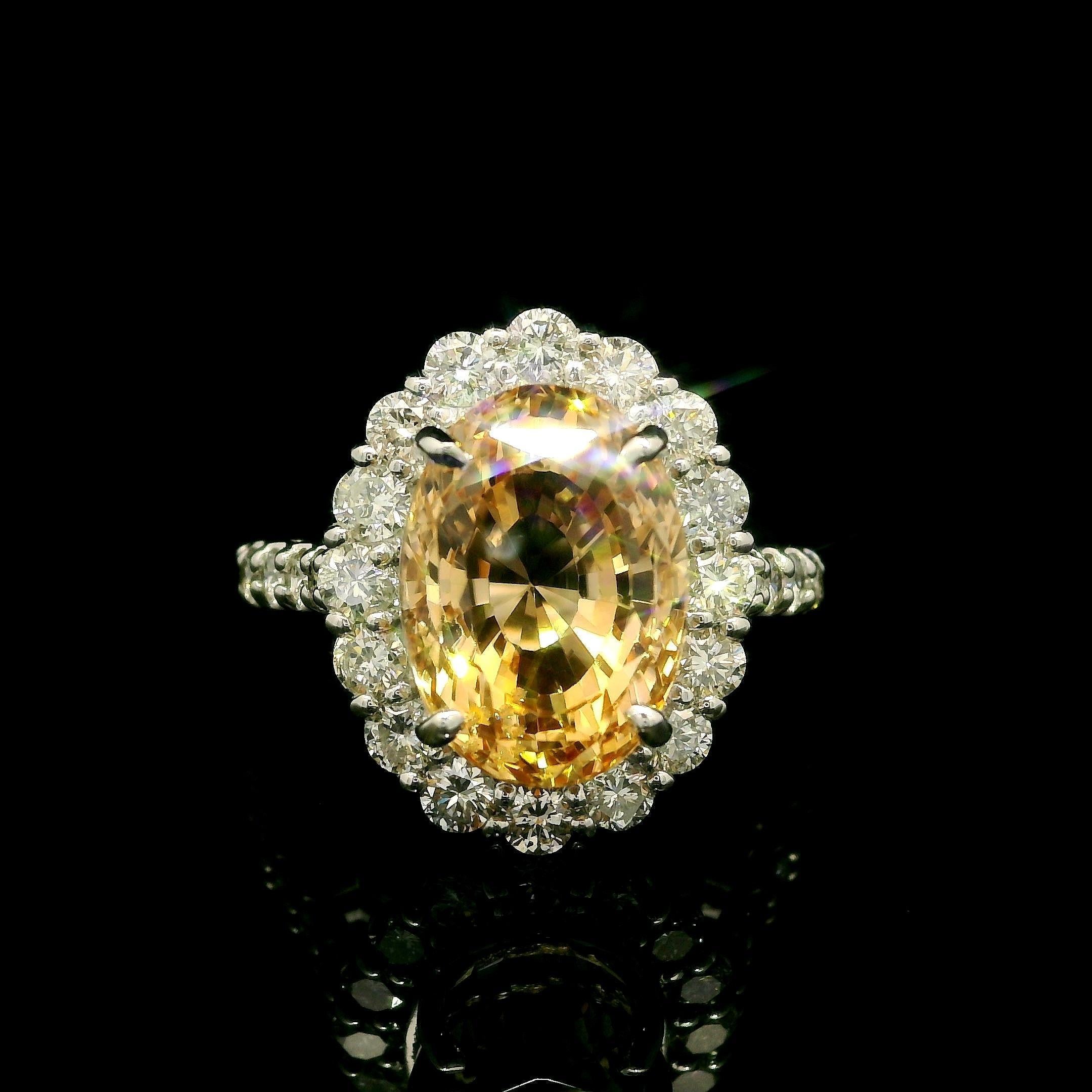 Vintage Platinum AGL 10.27ctw No Heat Golden Orange Sapphire Diamond Halo Ring For Sale 6