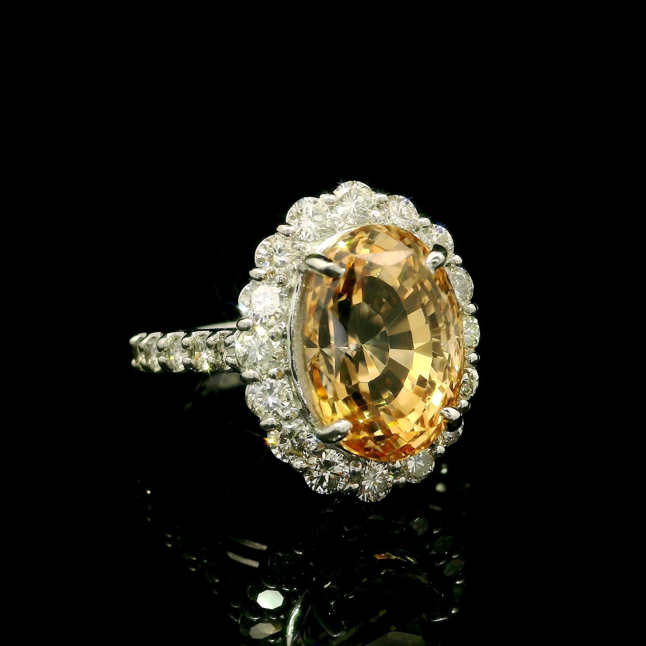 Vintage Platinum AGL 10.27ctw No Heat Golden Orange Sapphire Diamond Halo Ring For Sale 7