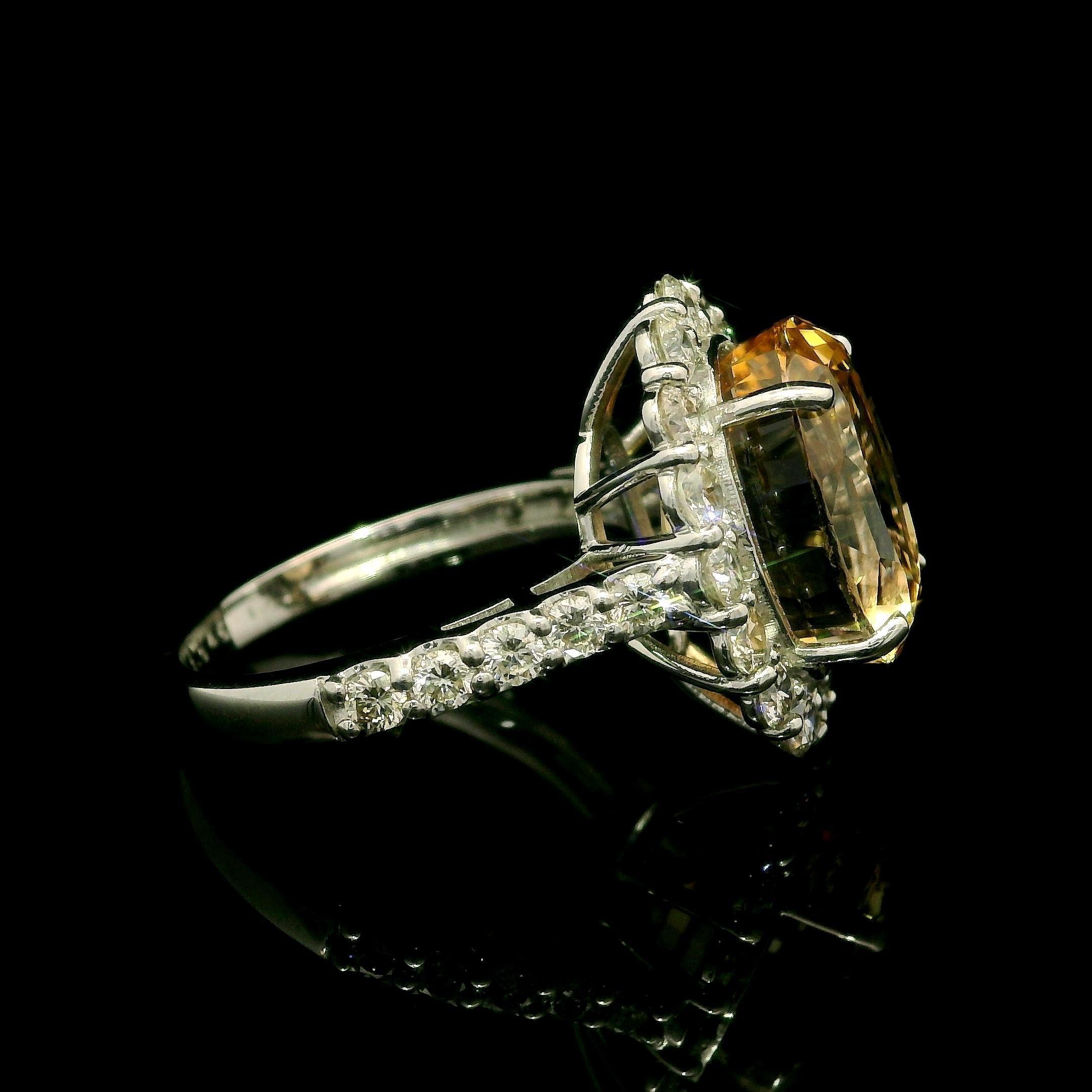--Stone(s):--
(1) Natural Genuine Sapphire - Oval Cut - Prong Set - Golden Yellow-Orange Color - No Heat - Ceylon - 8.94ct (exact - certified)
** See Certification Details Below for Complete Info **
(26) Natural Genuine Diamonds - Round Brilliant