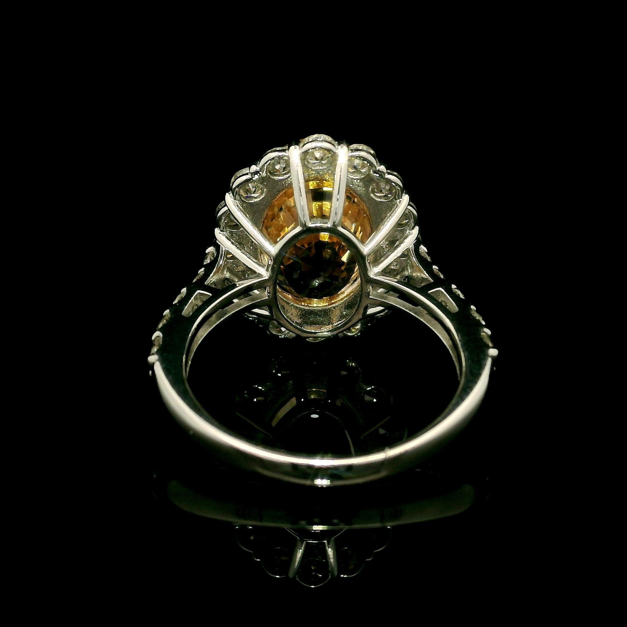 Oval Cut Vintage Platinum AGL 10.27ctw No Heat Golden Orange Sapphire Diamond Halo Ring For Sale