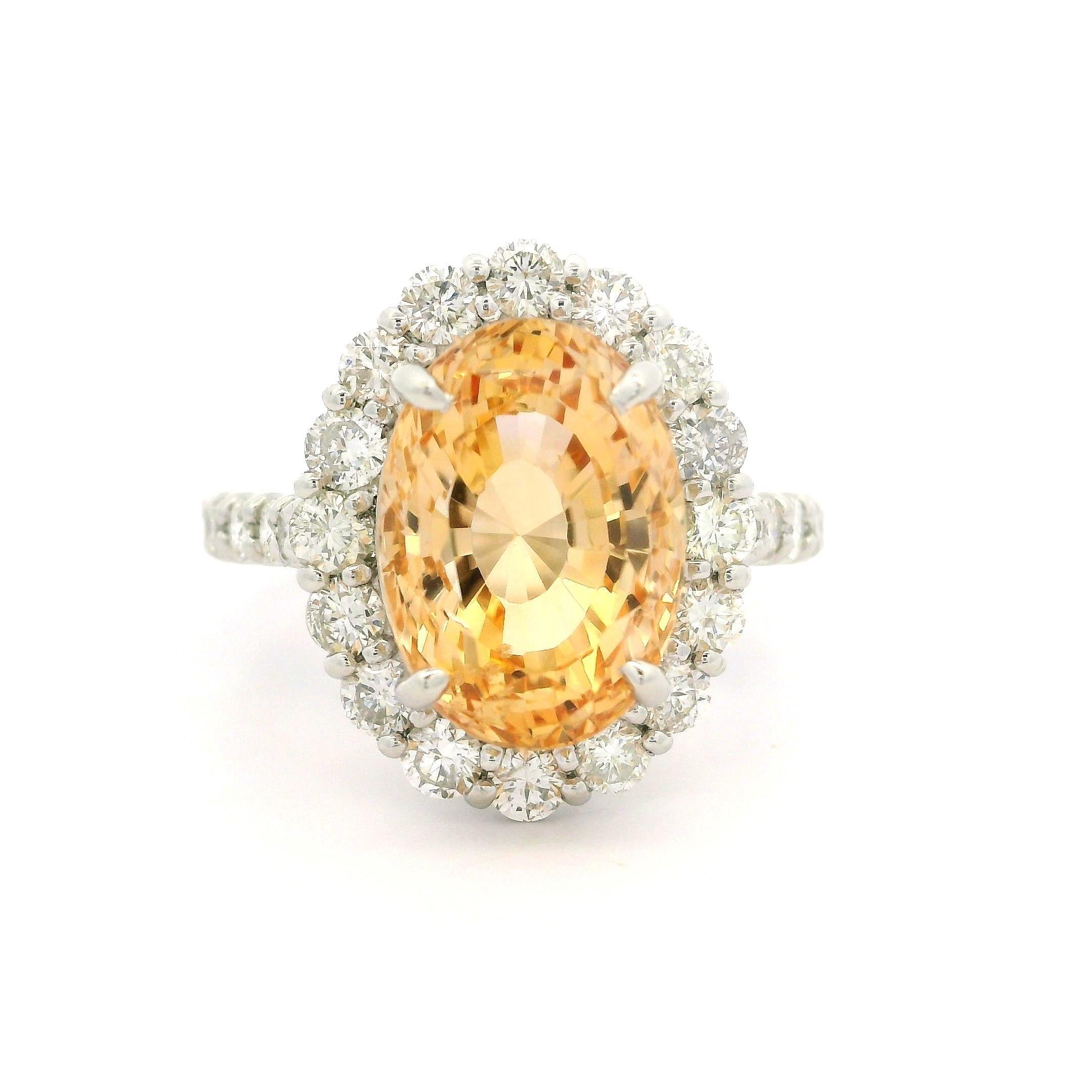 Women's Vintage Platinum AGL 10.27ctw No Heat Golden Orange Sapphire Diamond Halo Ring For Sale