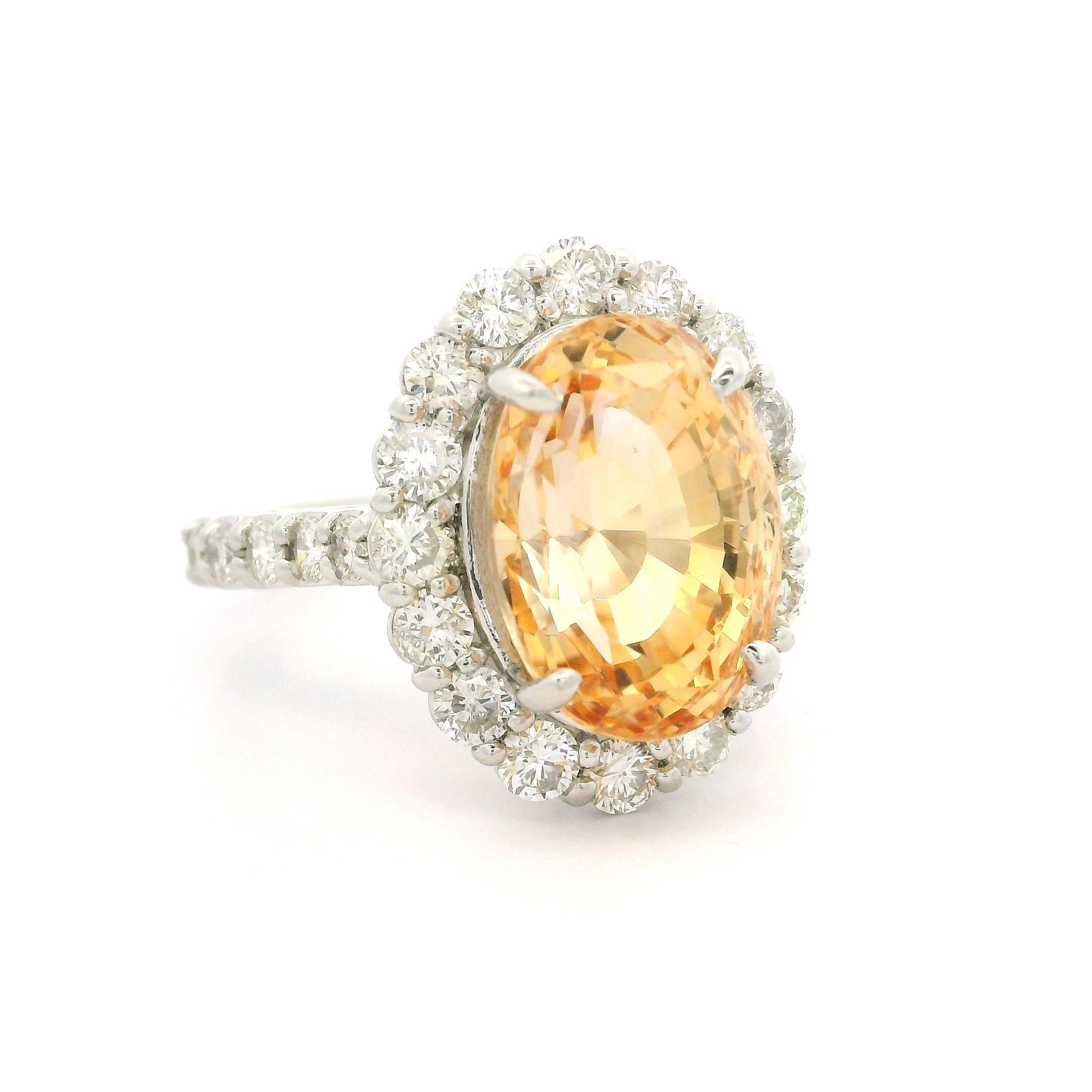 Vintage Platinum AGL 10.27ctw No Heat Golden Orange Sapphire Diamond Halo Ring For Sale 1