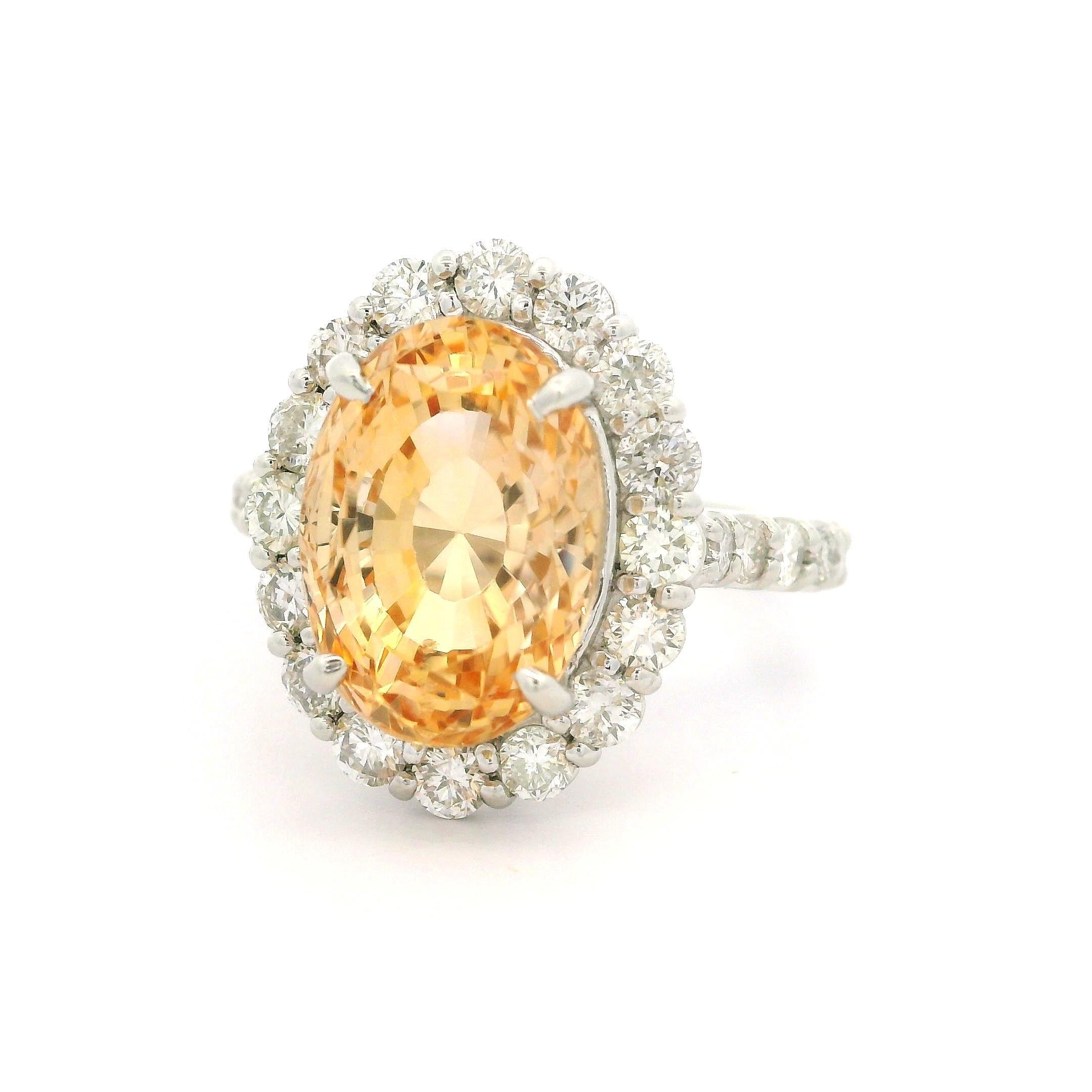 Vintage Platinum AGL 10.27ctw No Heat Golden Orange Sapphire Diamond Halo Ring For Sale 2
