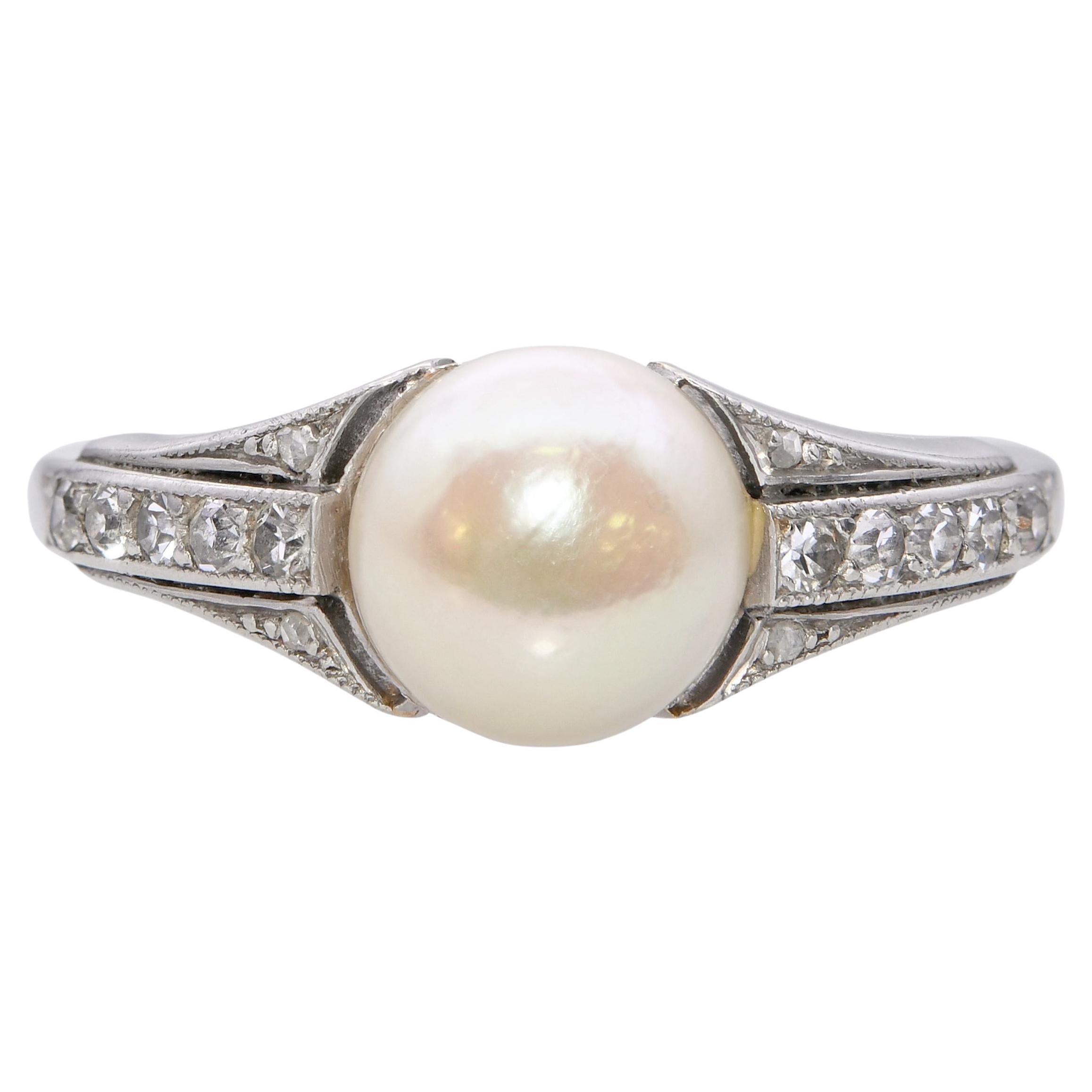 Vintage Platinum Akoya Pearl and Diamond Ring GIA For Sale
