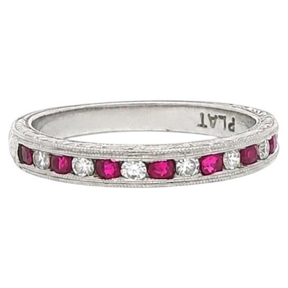 Vintage Platinum Alternating Channel Ruby & Diamond Engraved Milgrain Band Ring For Sale