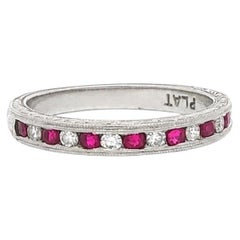 Vintage Platinum Alternating Channel Ruby & Diamond Engraved Milgrain Band Ring