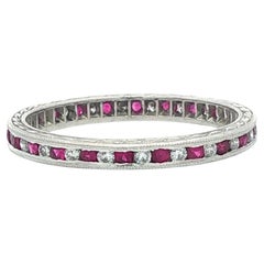 Vintage Platinum Alternating Round Ruby 
Diamond Wheat Engraved Stack Band Ring